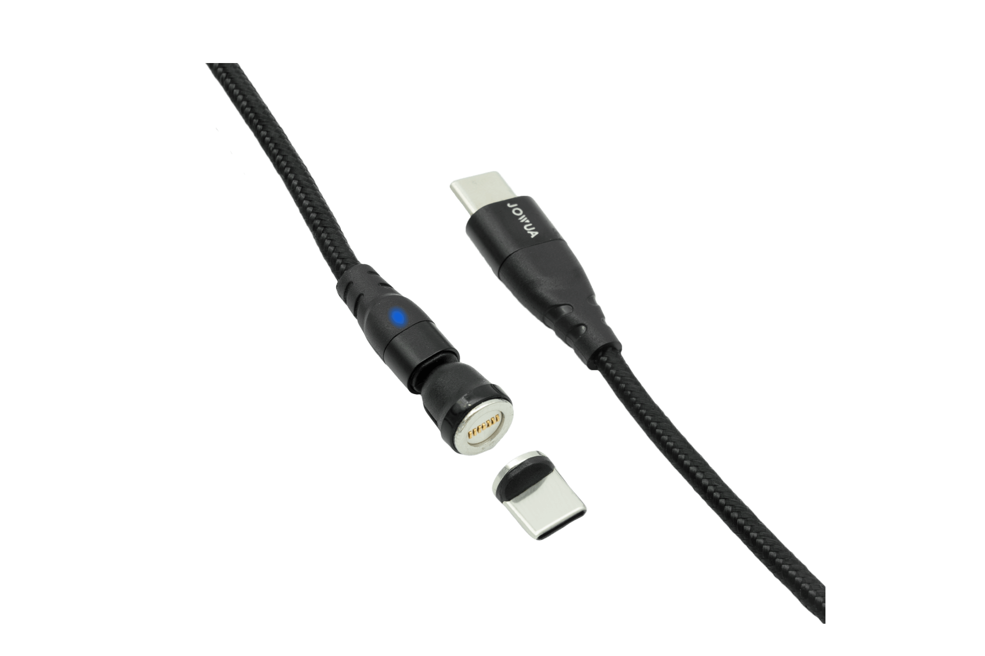 黑色背景上展示了一條專為快速充電設計的黑色JOWUA台灣USB-C車用磁吸線纜。其中一個部分上可見藍色指示燈,可拆卸磁性尖端與連接器略微分離。.