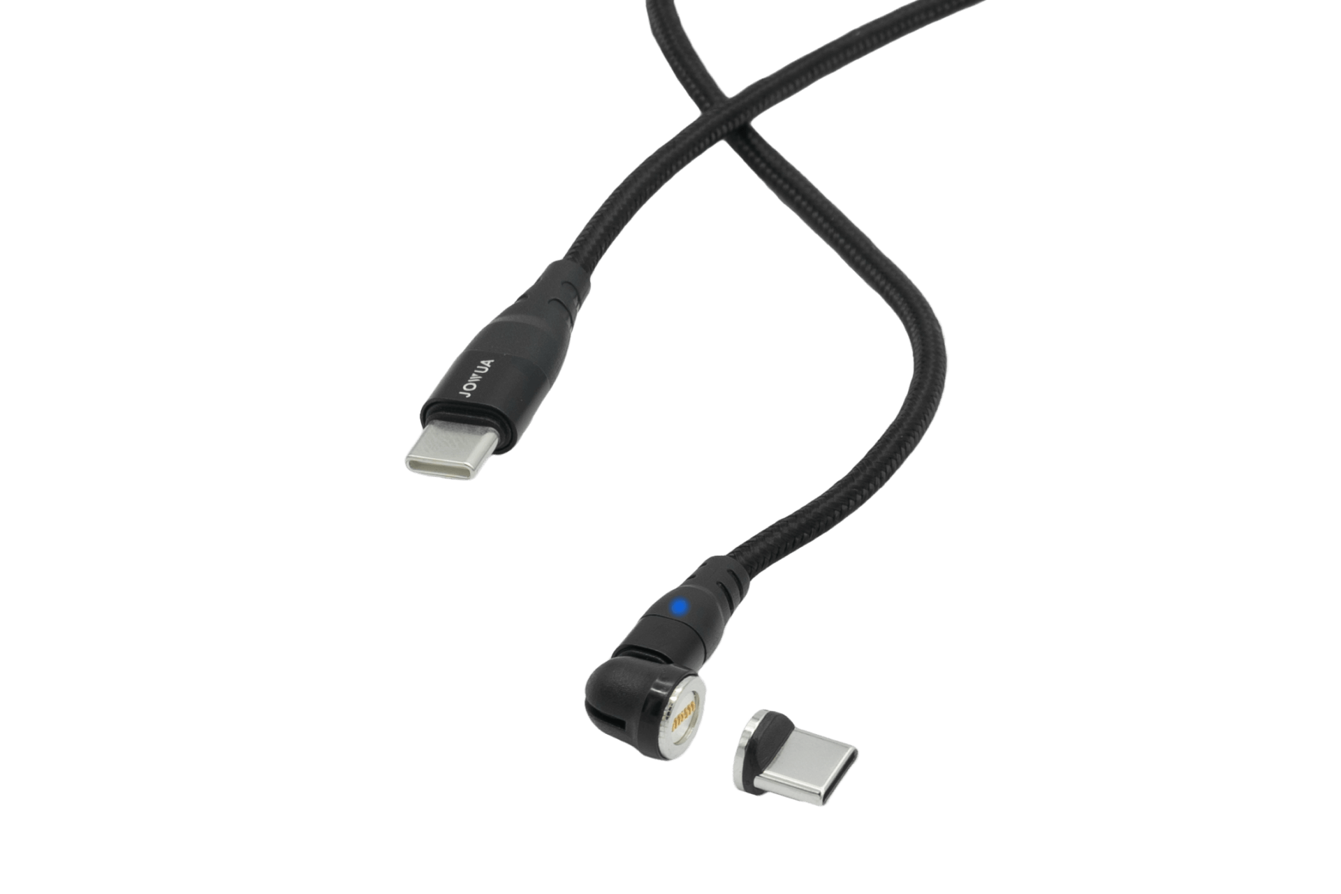 JOWUA Taiwan 推出的黑色 USB-C 車用磁吸線具有直角磁性連接器和額外的磁性 USB-C PD快充尖端,顯示在純白色背景上。.