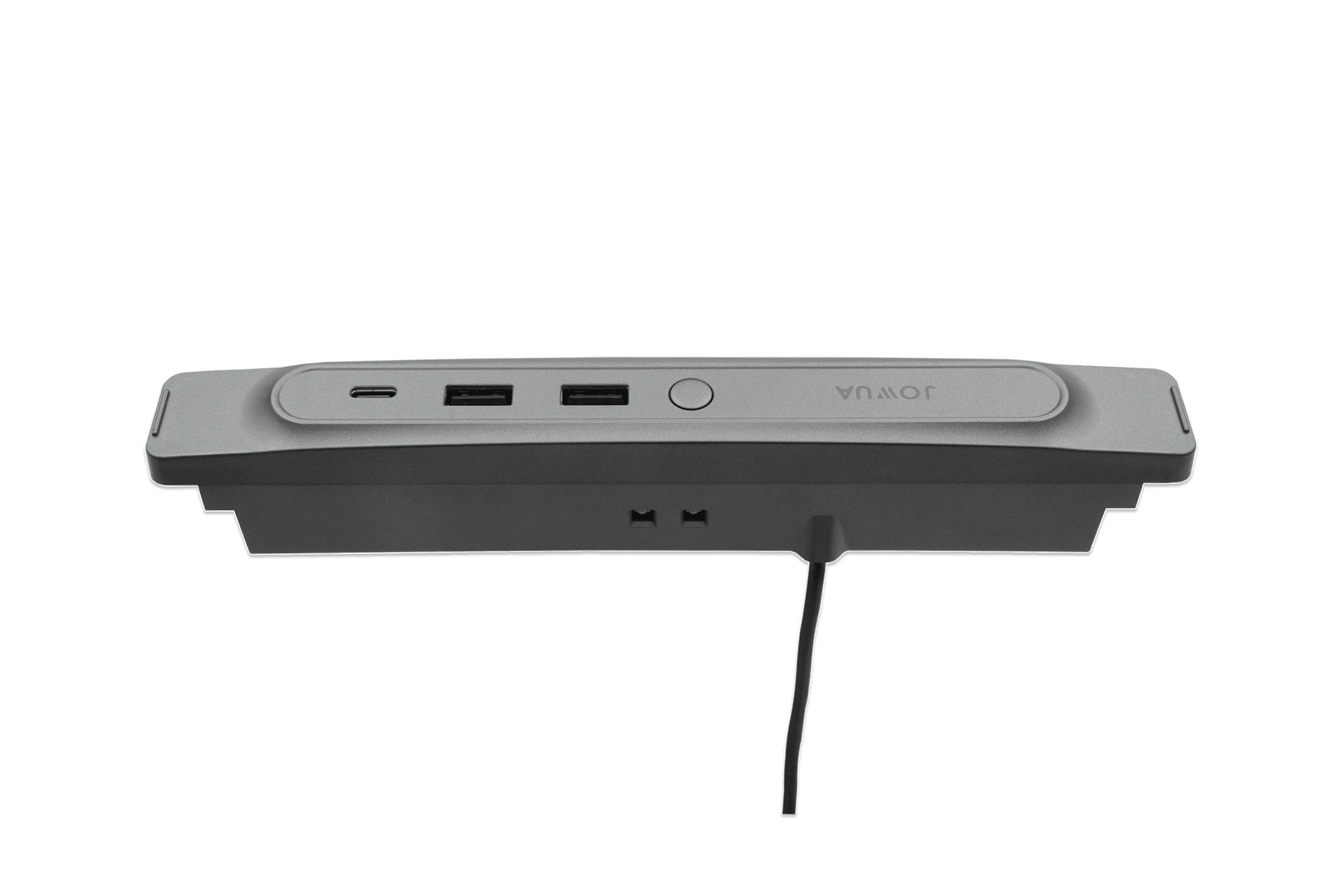 時尚灰色 JOWUA 台灣 36W Hub Bar Mini 的前視圖顯示了多個端口,包括 USB-C 和 USB-A、快速充電和頂部電源按鈕。一條電纜從背面延伸以進行連接。.