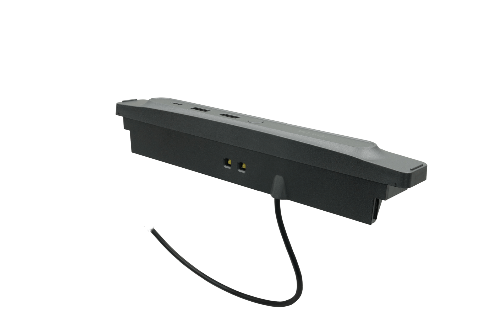 JOWUA 台灣的 36W Hub Bar Mini 是一款黑色矩形電子設備組件,邊緣略微彎曲。它具有連接埠、突出的電纜、快速充電功能,並且經過精心設計,可與其他設備連接或整合。.