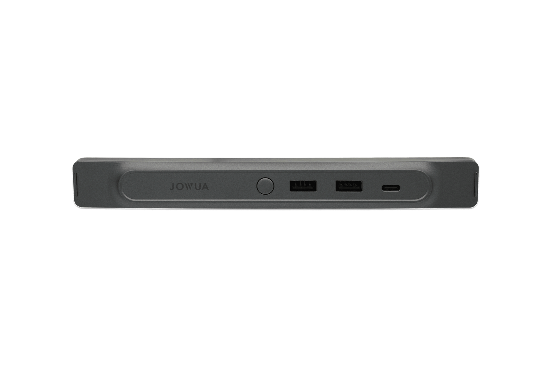 JOWUA 台灣的 36W Hub Bar Mini 是一款纖薄的黑色矩形設備,正面有兩個 USB 連接埠和一個 USB-C 端口,專為 Model 3/Y 作為 USB 集線器而設計。它具有快速充電功能,並帶有巧妙浮雕的“Jowua”字樣。.