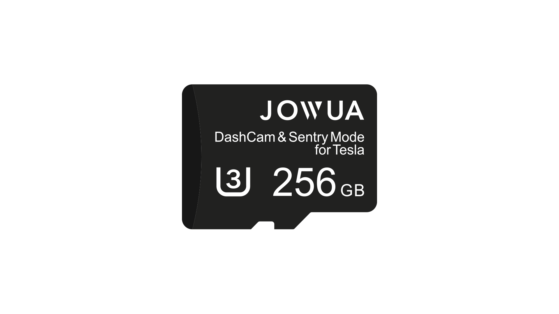 黑色 microSD 卡圖片,上面印有“JOWUA Taiwan”字樣,並帶有白色“MicroSD 記憶卡 特斯拉專用”文字。顯示「256 GB」和 UHS 速度等級 3 (U3) 符號,非常適合高效的 Tesla 行車紀錄,包括哨兵行車模式。.