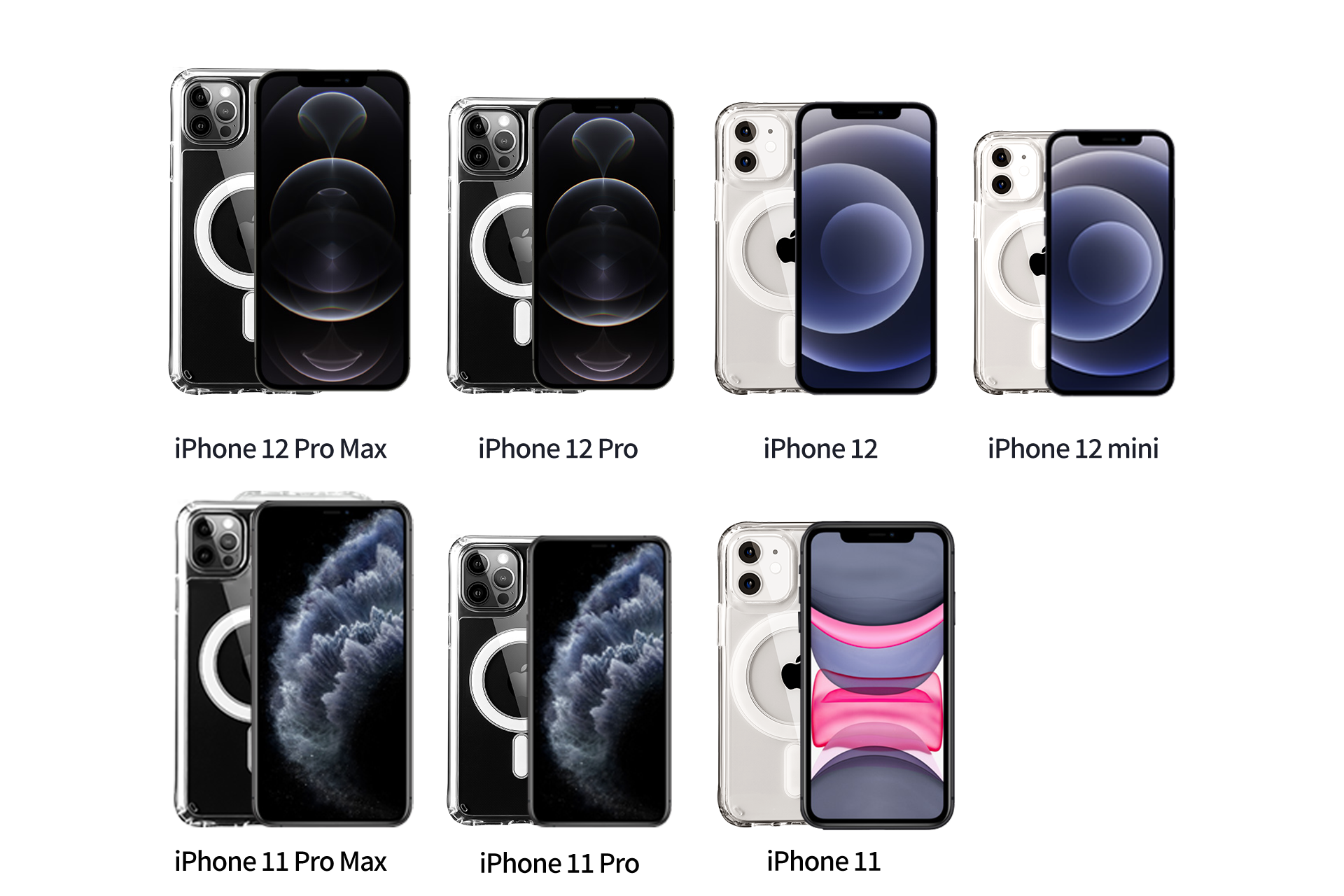 多款 iPhone 機型的比較圖,包括 iPhone 12 Pro Max、12 Pro、12 和 12 Mini,以及 iPhone 11 Pro Max 和 11 Pro。每支手機均配備 JOWUA 台灣的 MagSafe 透明保護殼 (iPhone 12/11 系列),配備與 MagSafe 技術相容的無線充電環。.