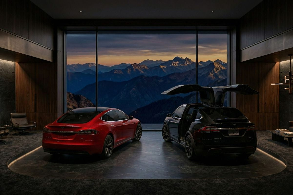 日落時分，兩輛特斯拉，一輛紅色，一輛黑色，鷹式車門打開，停在風景秀麗的沿海公路上，沿途有群山、綠地和蜿蜒的海岸線。.