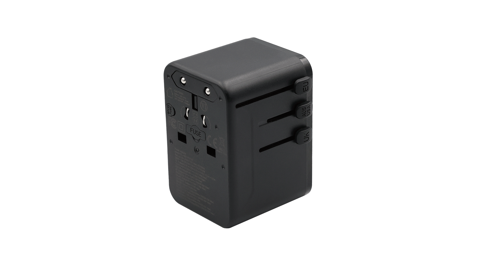JOWUA 台灣推出的 100W 旅行萬國插頭氮化鎵充電器，是一款黑色萬用轉接器，配備滑動開關與多種插頭設定，展示於白色背景上——作為 GaN 充電器，完美滿足您所有出國充電的需求。.