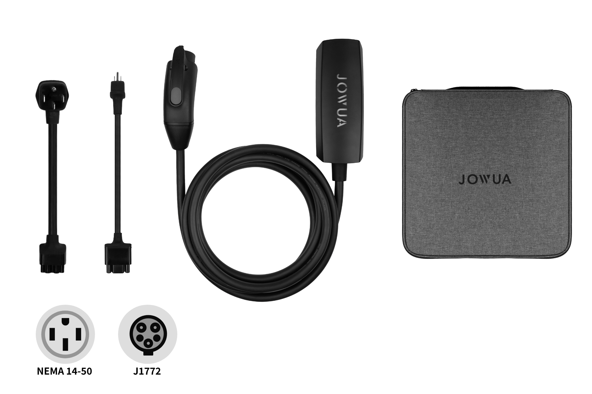 JOWUA台灣雙用行動充電器40A/9.6kW (J1772/PHEV)+NEMA 14-50轉接器組合包括一條主充電電纜、兩個NEMA適配器、JOWUA控制盒和一個灰色IP55防火消防箱，全部顯示在白色背景上。.