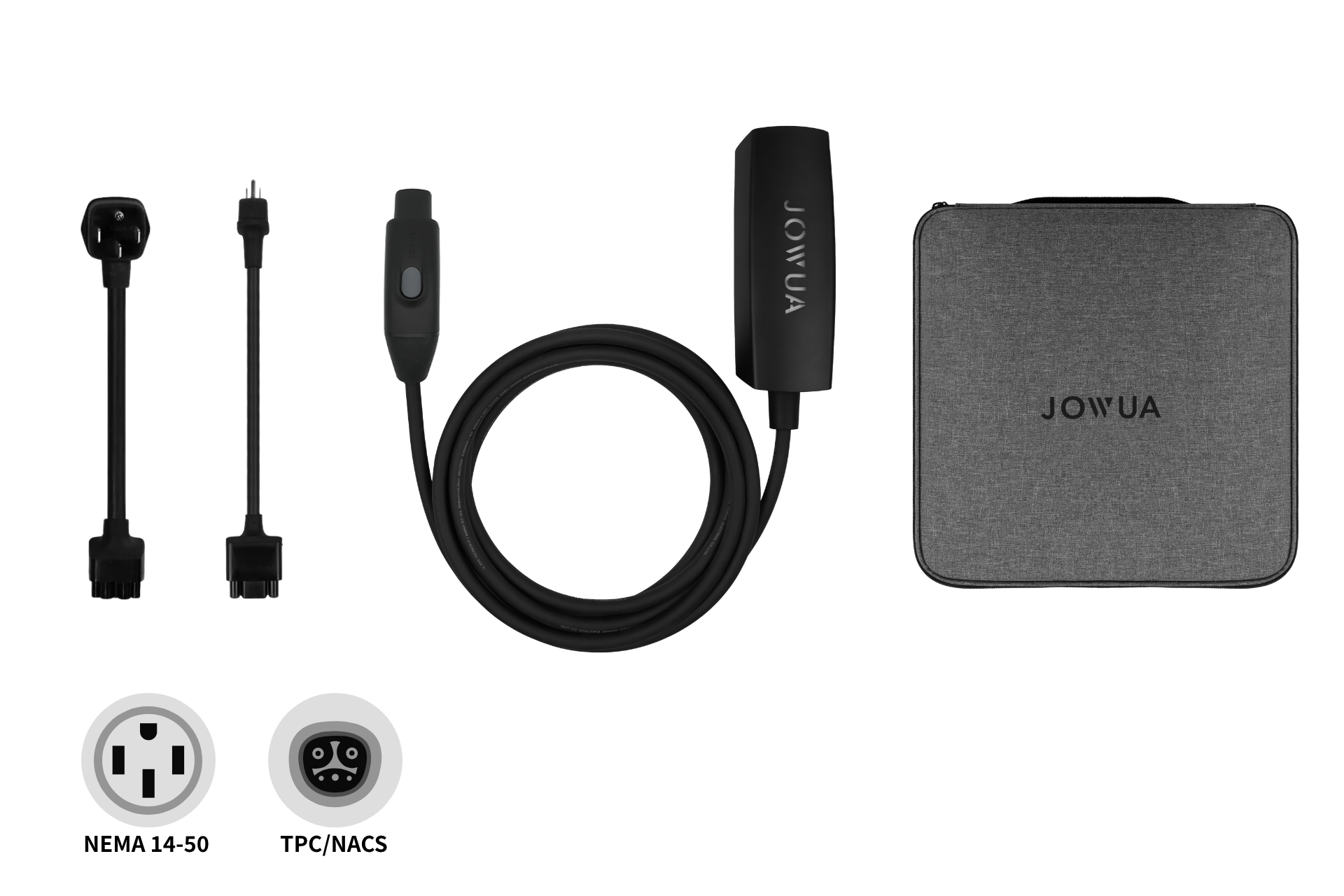 JOWUA台灣雙用行動充電器40A/9.6kW (TPC/NACS)＋NEMA 14-50轉接器組合包括高規格UL認證電纜、NEMA轉接器、多種轉接頭、連接線及匯集包，因此安裝在白色背景上。.