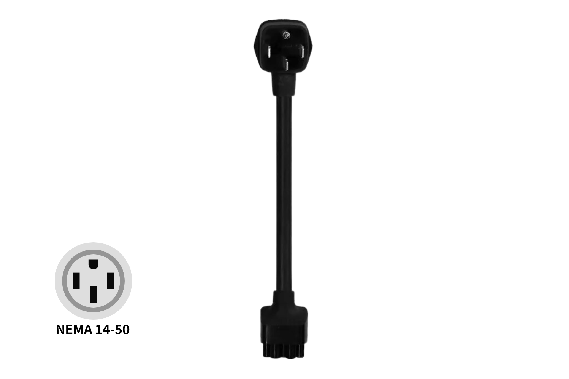 JOWUA 台灣 NEMA 14-50 轉換器是一款黑色三腳電源適配器，帶有圓形灰色圖標，專為滿足特斯拉充電需求而設計。它確保了光滑黑色背景下的安全性和相容性。.
