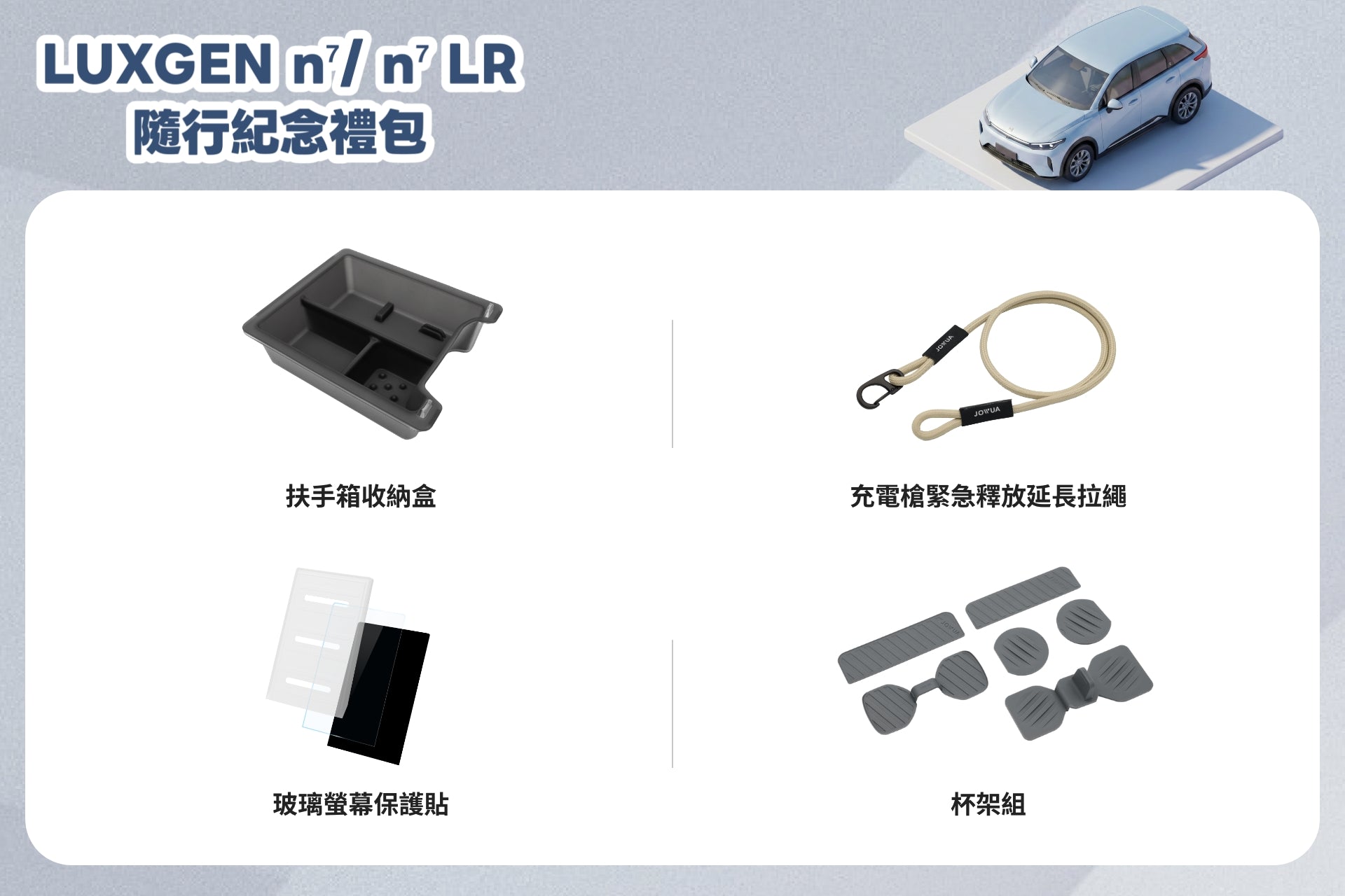 台灣 JOWUA 隨行紀念禮包【LUXGEN n⁷/n⁷ LR 禮包】的宣傳圖片，顯示灰色的 LUXGEN n⁷(右上方)與內含的四件商品：扶手箱收納盒、充電槍緊急釋放延長拉繩、螢幕保護罩和杯座插片。.
