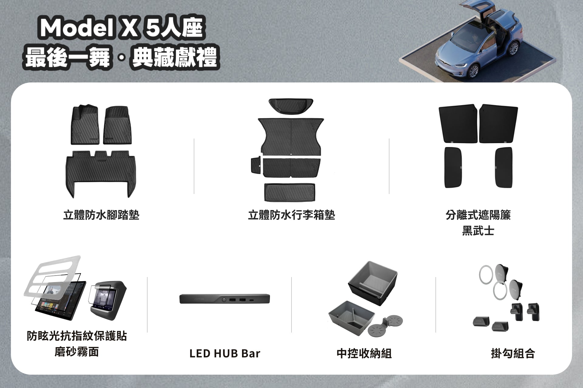 藍色Model X俯視圖，鷹式車門打開，展示最後一舞【Model X｜典藏交車禮包】by JOWUA Taiwan, featuring 防水腳踏墊, 車尾箱墊, 收納盒, 紙巾盒, 分離式遮陽簾，含中文標示。.
