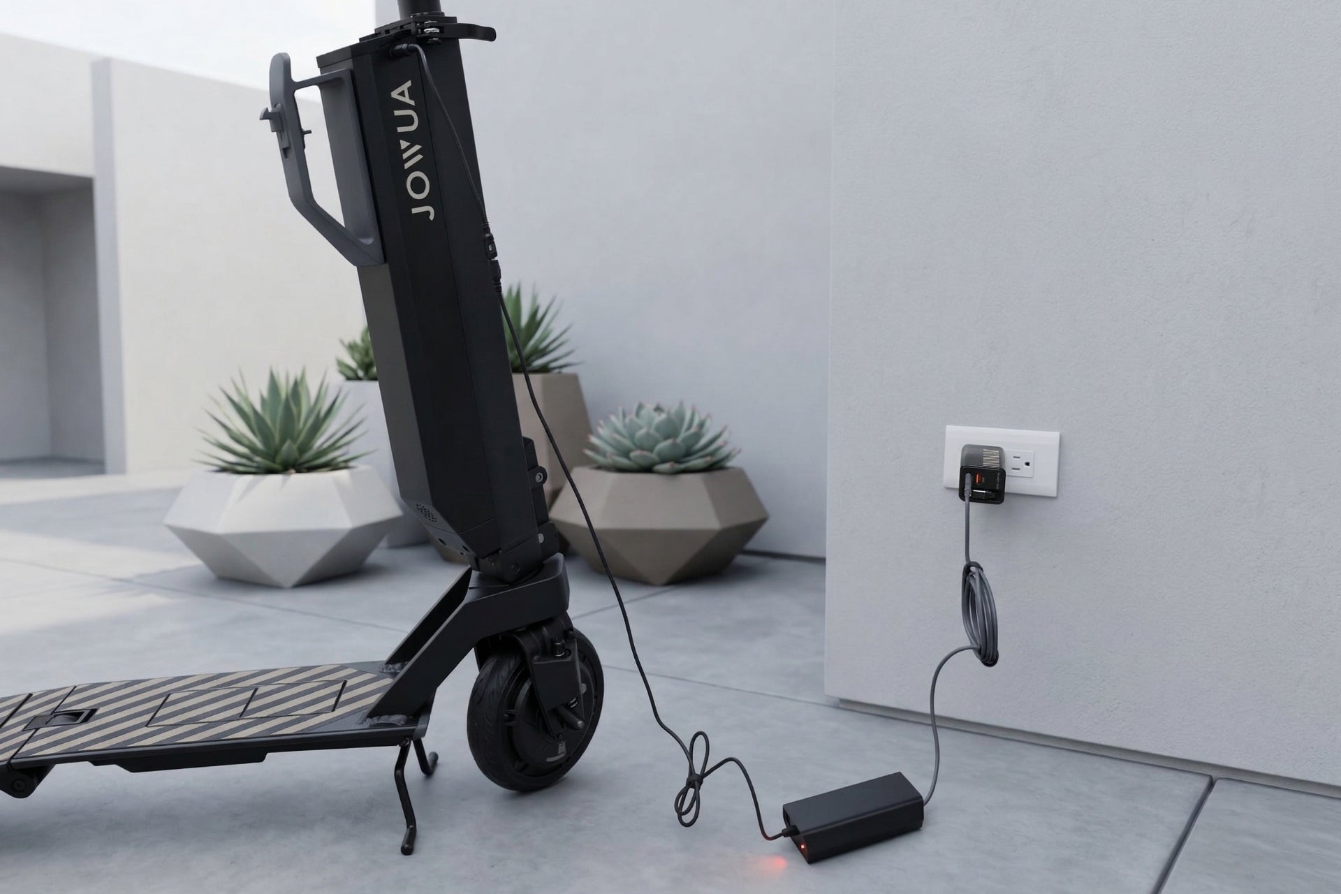 一輛標有 JOWUA Taiwan 的黑色電動代步車停在現代化的庭院中，使用 Starlink USB-C to DC 充電線插入牆上的插座。背景可見兩個幾何多肉花盆。.