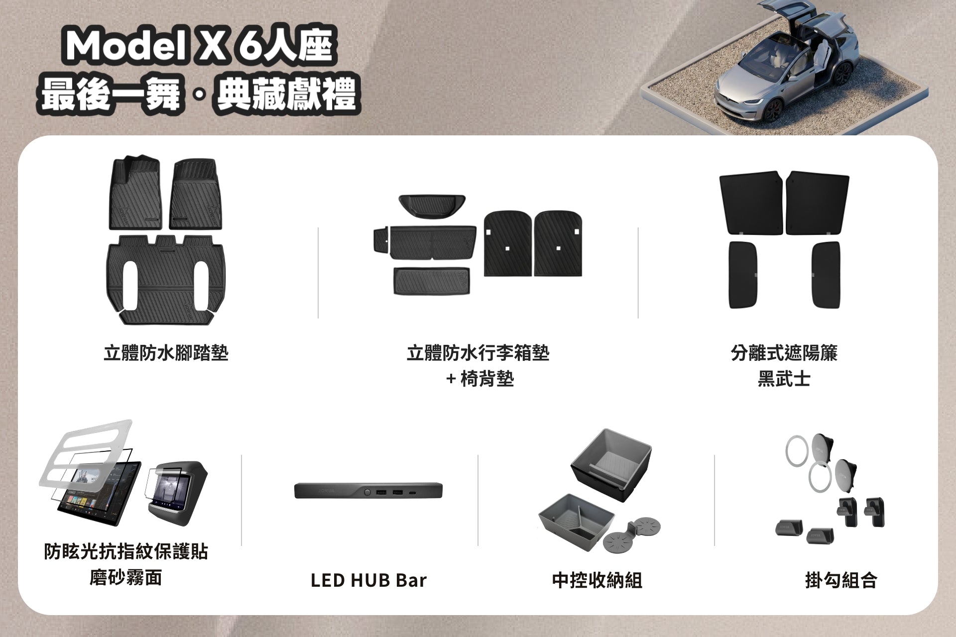 JOWUA Taiwan 最後一舞【Model X｜典藏交車禮包】for 6-seater, showing 防水腳踏墊, 後車箱墊, 後座獨立隱私板, 分離式遮陽簾, LED hub bar, 收納盒, 座椅掛鉤，角落有Model X圖。.