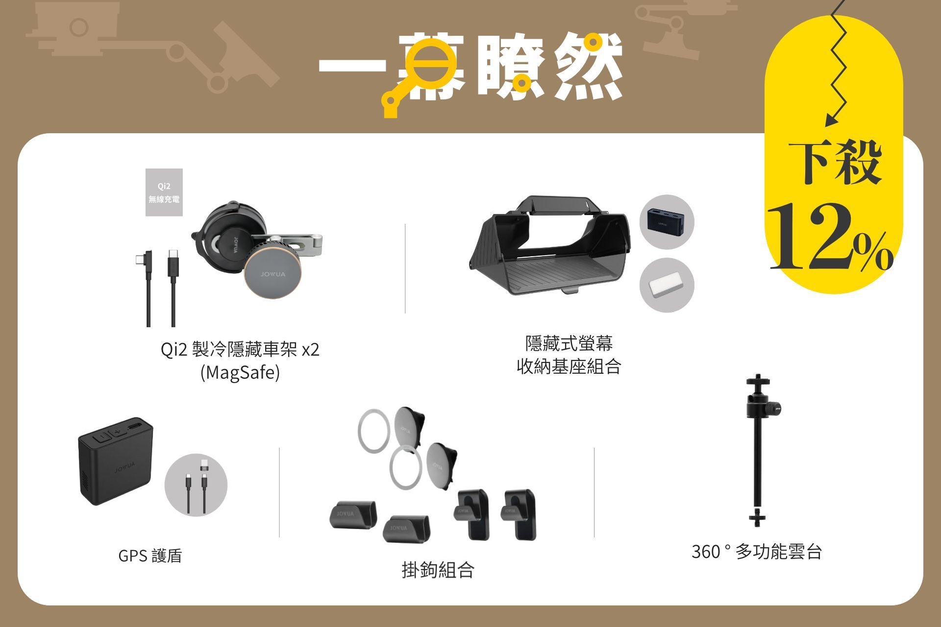 JOWUA Taiwan 一幕瞭然【Model Y 煥新版｜交車禮包】含MagSafe無線充電、Tesla配件與隱藏螢幕收納。黃色中文文字宣布12%折扣，適合科技愛好者。.