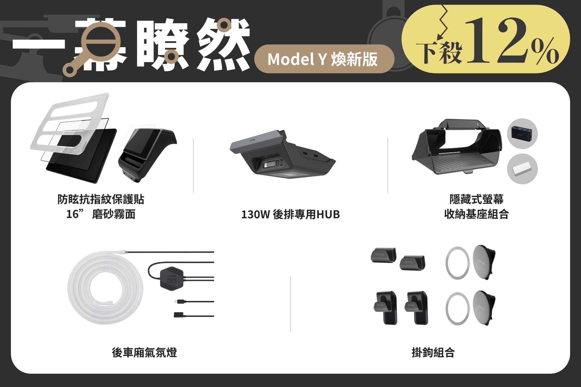 JOWUA Taiwan 一幕瞭然【Model Y 煥新版｜交車禮包】含16吋螢幕保護貼、130W後排HUB、後車廂收納箱、充氣機、小夾組及掛勾，限定12%優惠。.