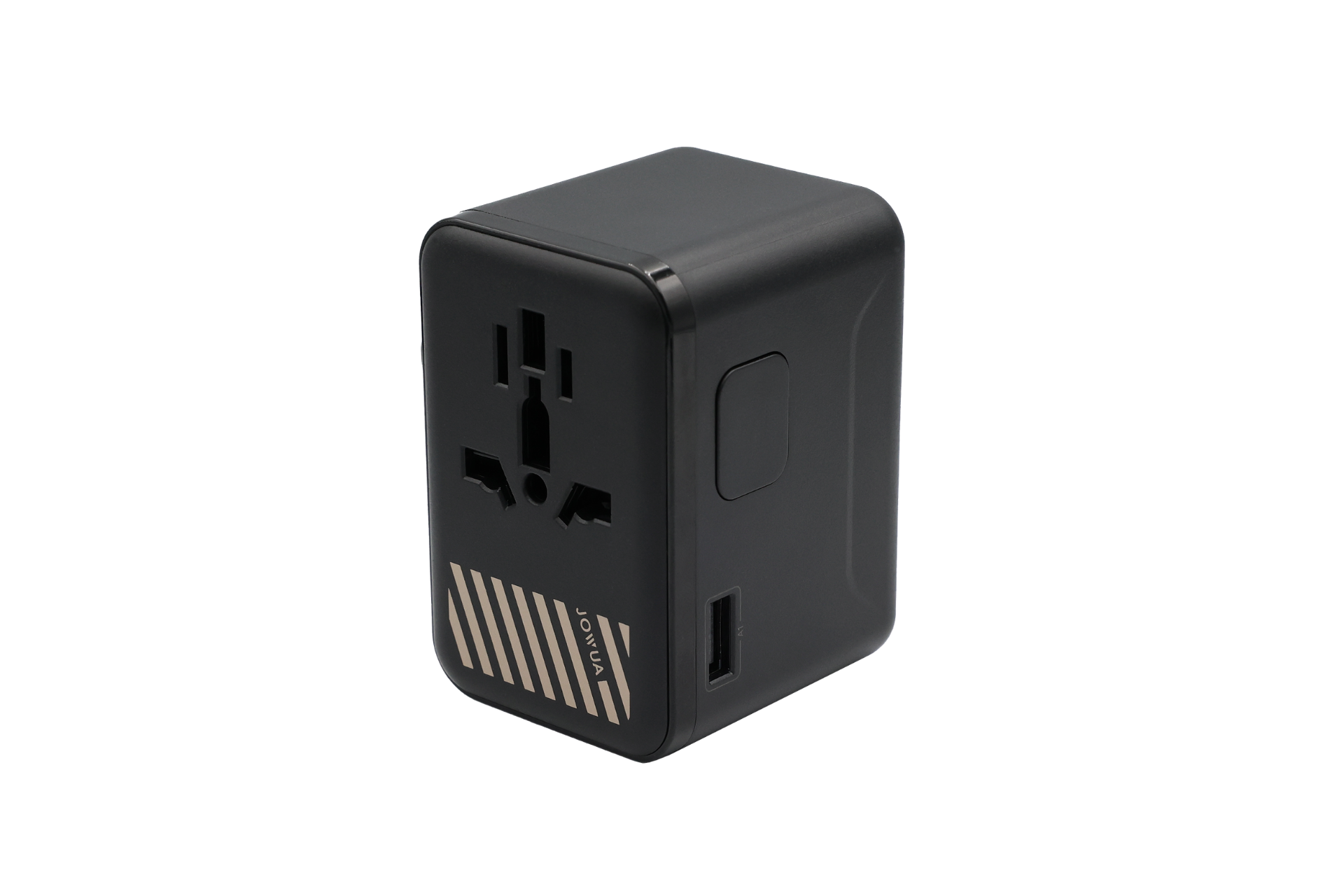 JOWUA Taiwan 100W 旅行萬國插頭氮化鎵充電器是一款黑色萬用轉接器，配備多個插座、USB 埠及條紋設計，圖中展示於淺色背景上。支援 100W 快速充電，可高效滿足國際充電需求。.