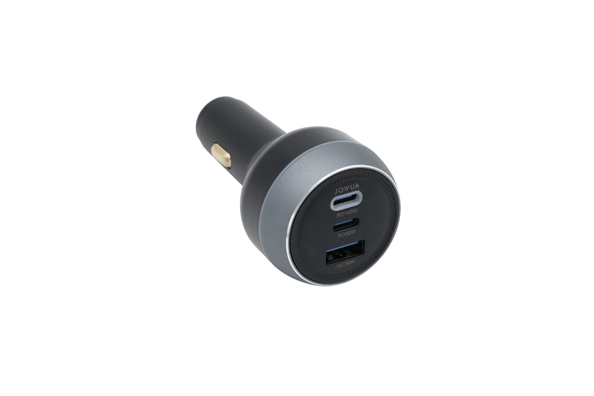 JOWUA台灣165W PD3.1高效車充，有黑色和銀色，採用PD3.1快充協議，帶有1個USB-A和1個USB-C端口，用於高功率快充，以白色背景顯示。.
