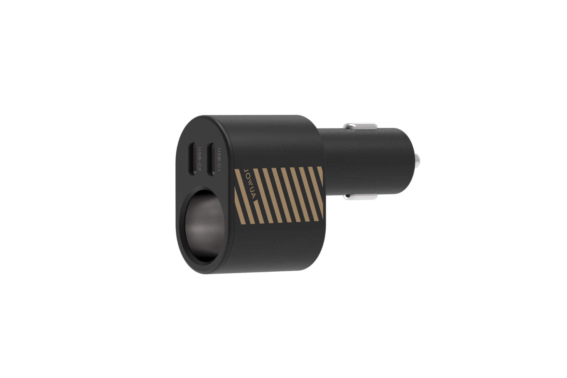 JOWUA Taiwan 三合一 Type-C 擴充點菸器車充是一款黑色車用充電器，金色條紋、兩個 USB 埠、一個圓形插座，以及一個 Type-C 點菸器轉接頭，用於車用電力擴充，顯示在純白色背景上。.