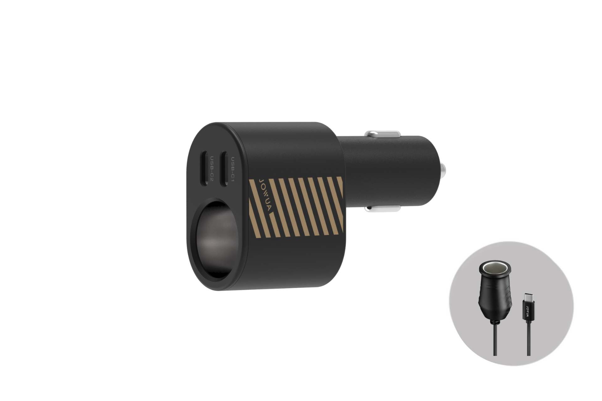JOWUA Taiwan 三合一 Type-C 擴充點菸器車充是一款金色條紋的黑色車用充電器，具有兩個 USB 連接埠，一個圓形車用電力擴充插座，以及一個 Type-C點菸器轉接頭，以淺灰色背景顯示。.