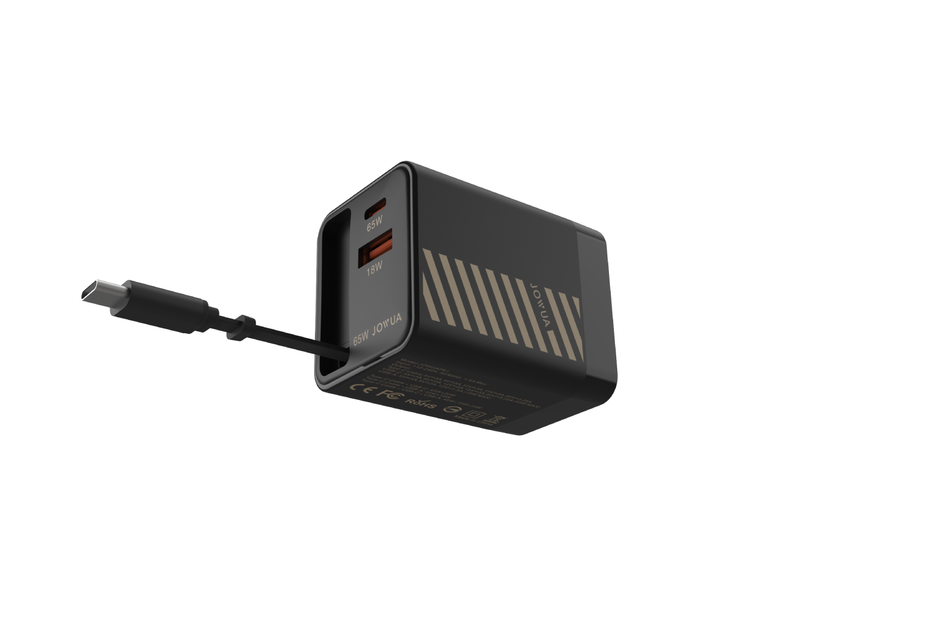 黑色長方形 JOWUA Taiwan 65W GaN 伸縮線充電器，附有可收式 Type-C 連接線，具備 USB-C 和 USB-A 連接埠，一側有斜條紋裝飾，以純白色為背景。.