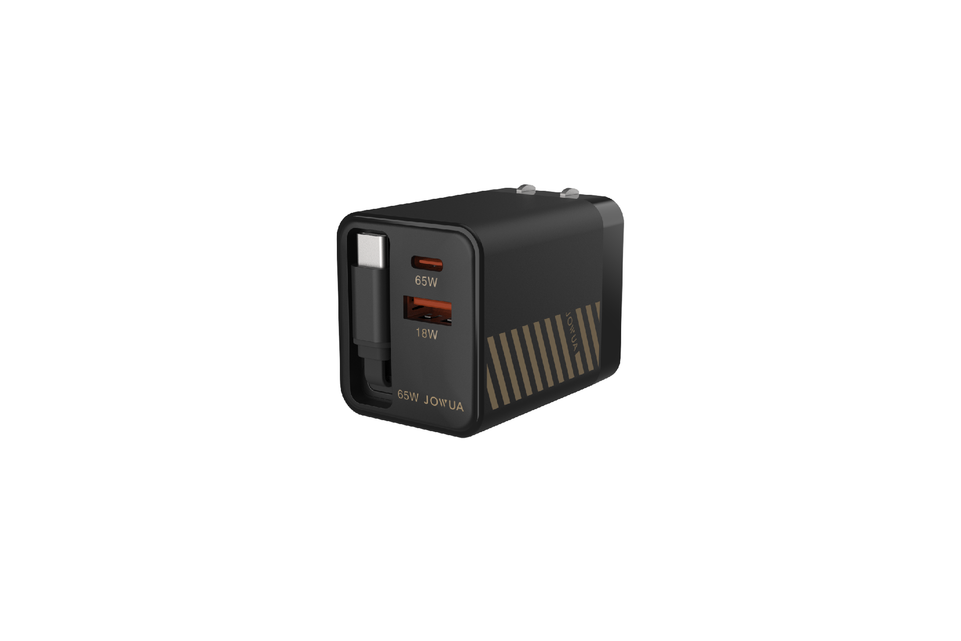 JOWUA 台灣 65W GaN 伸縮線充電器是一款黑色長方形充電器，具備兩個連接埠（65W USB-C & 18W USB-A）、條紋側邊、可摺疊插頭和品牌標誌，非常適合為多部裝置快速充電。.