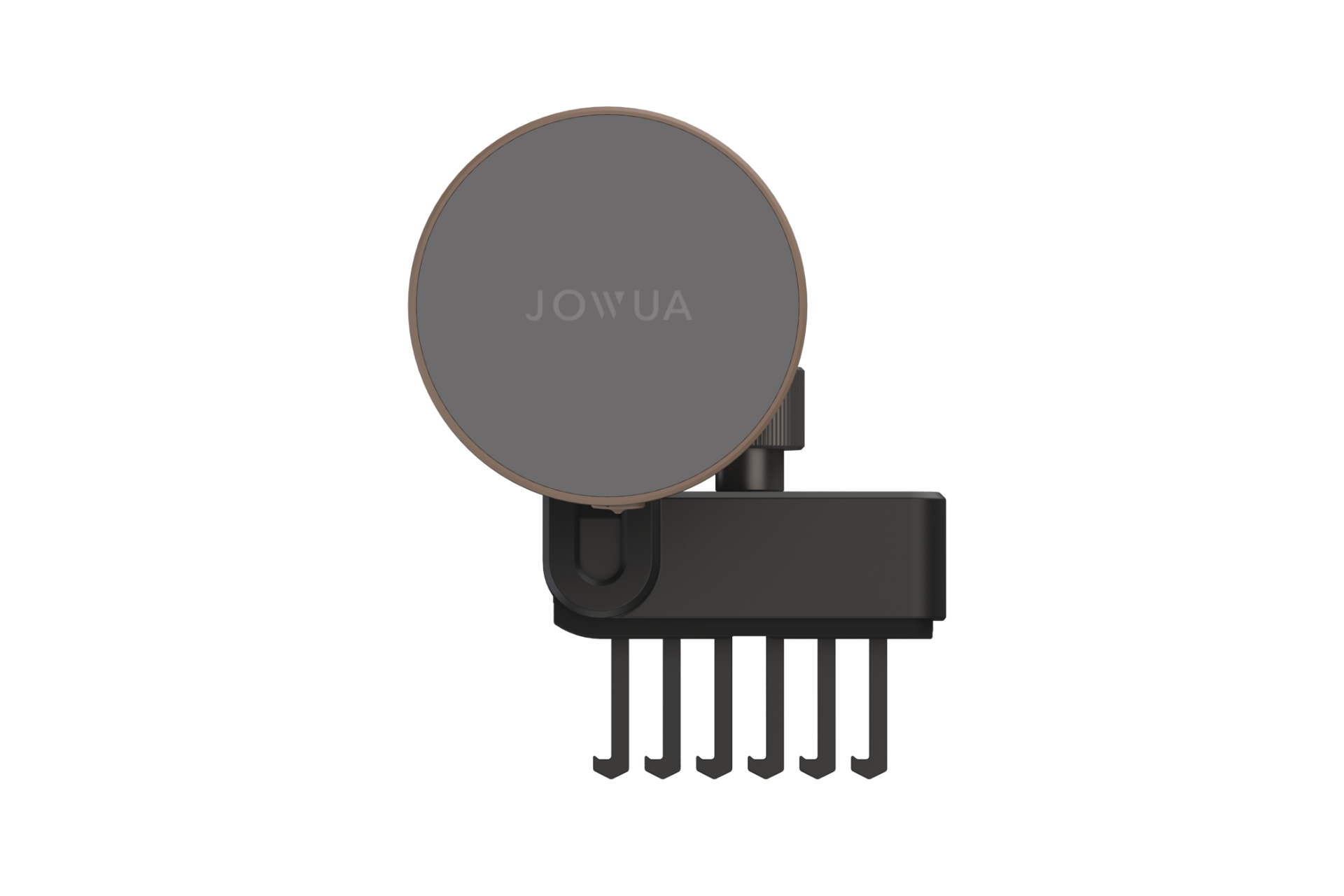 台灣 JOWUA 專為 Model 3/Y (2018-2024) 設計的黑灰色圓形 Qi2 製冷出風口 MagSafe 車架，底座有五個向下的掛勾，可整理小物品。.