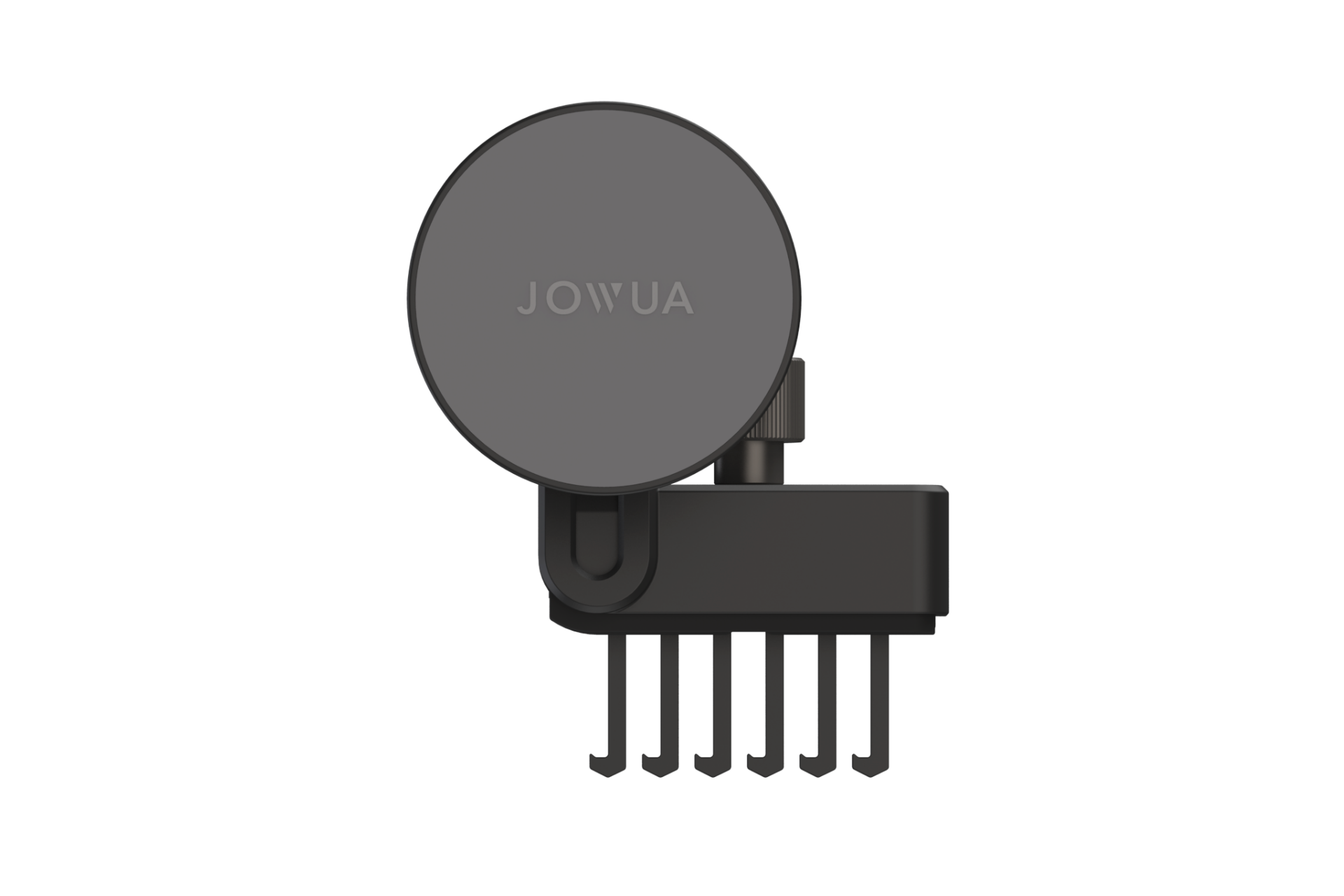 JOWUA Taiwan Qi2 製冷出風口 MagSafe 車架 (Model 3/Y 2018-2024)，黑色圓形支架相容於 MagSafe，附有五個掛勾的長方形底座，全部以純白色為背景。.