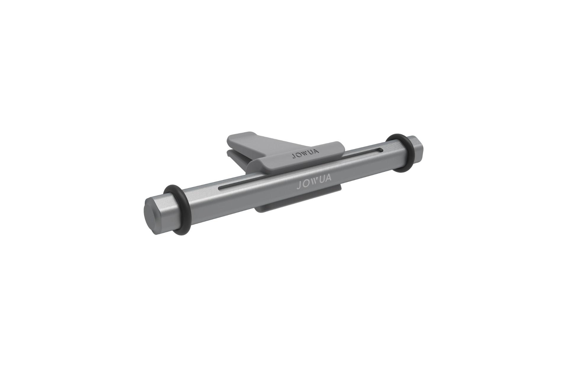 JOWUA 台灣製造的灰色圓柱型通用型車用香氛，具有兩個黑色橡膠環和中央 JOIN UA 把手，是擴散植物性精油的理想選擇。白色背景。.