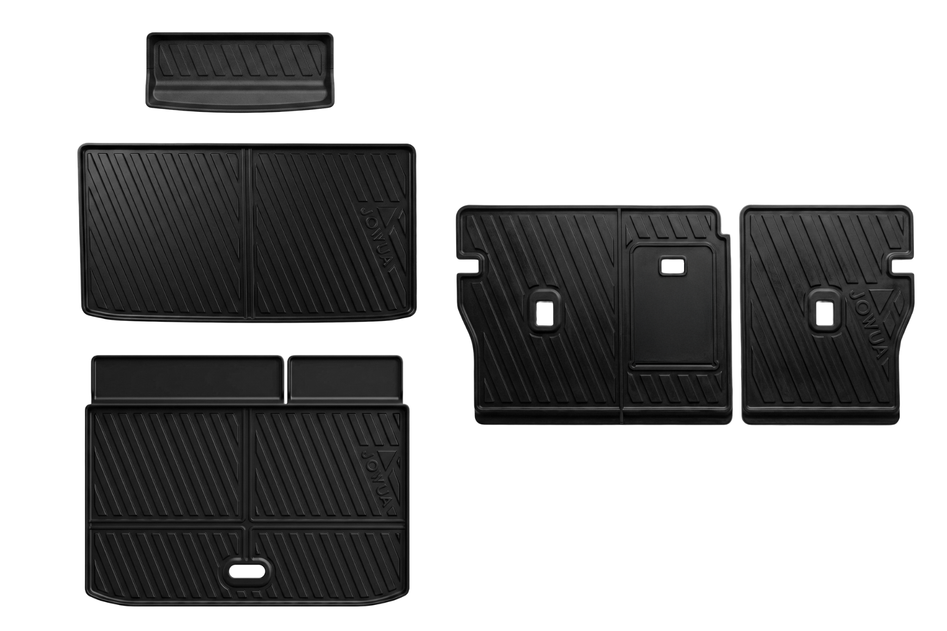 台灣 JOWUA 的立體防水行李廂墊＋椅背墊組合 (Foxtron Bria) 包括六個黑色的客製化墊子，具有凸起的邊緣和對角凹槽，顯示在淺灰色的背景上；套裝具有 TPE 後椅背墊，可增加保護性。.