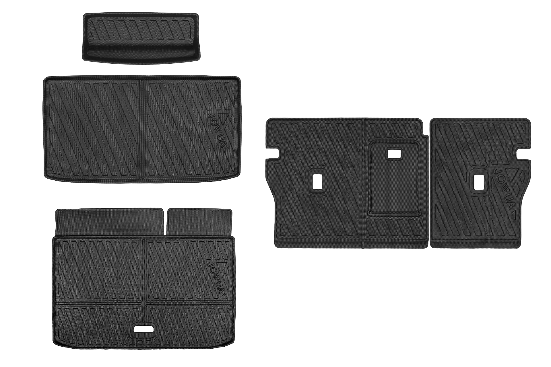 Foxtron Bria 立體防水行李廂墊＋椅背墊組合等五款黑色的 JOWUA 台灣 TPE 車用墊，在淺色的背景上排列出凹槽圖案，用於不同的車內裝潢區域。.