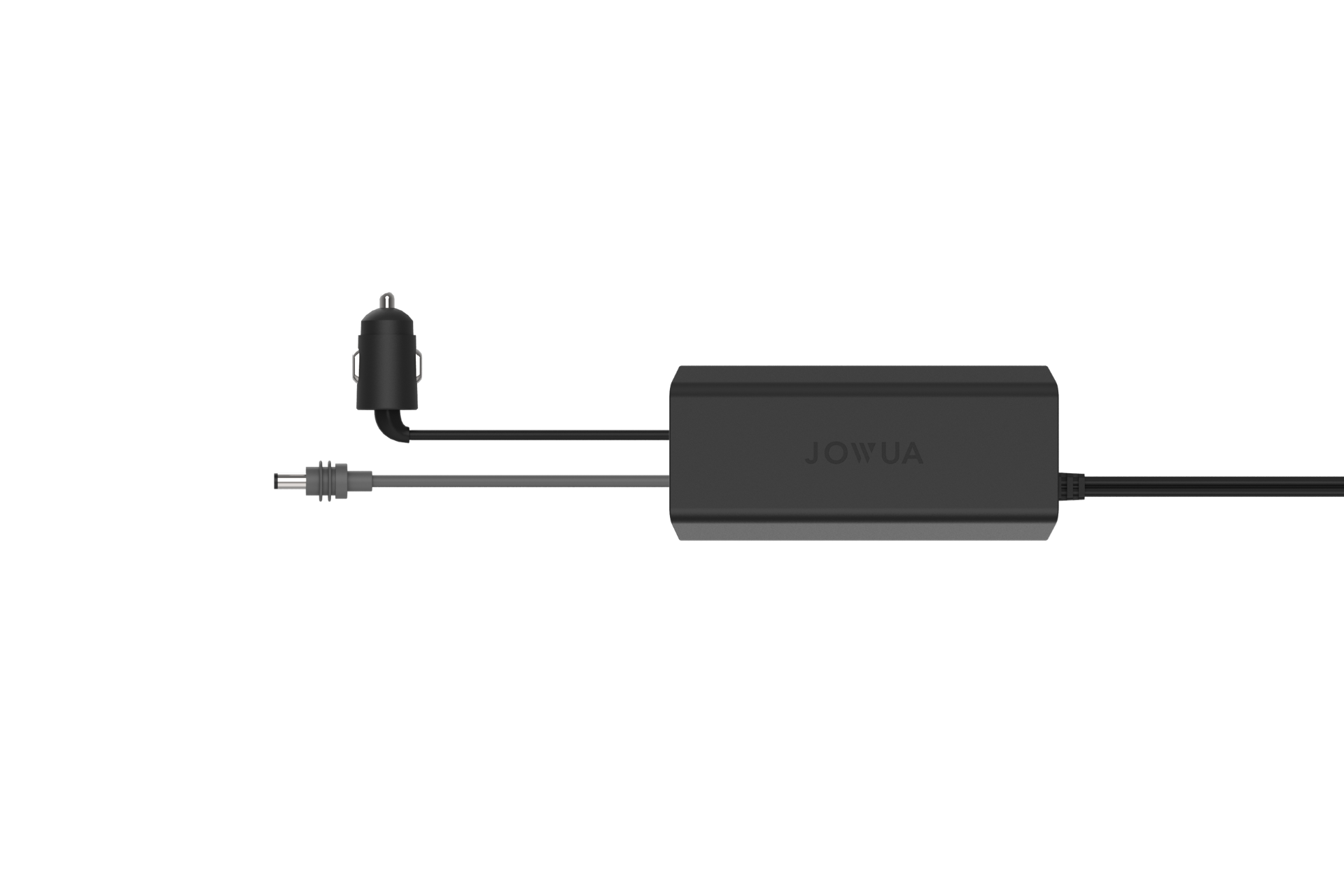 黑色 JOWUA Taiwan 車用充電器，附有長方形轉接器，專為 Type-C 車用行動冰箱 (Model Y 全車系) 及其他裝置所設計，以純白色為背景。.