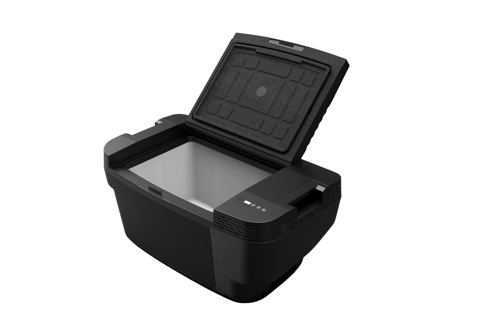 一台黑色的 JOWUA Taiwan Type-C 車用行動冰箱 (Model Y 全車系) 打開蓋子後，內部空空如也；控制面板和雙軌供電系統可見於側面，以純白色為背景。.