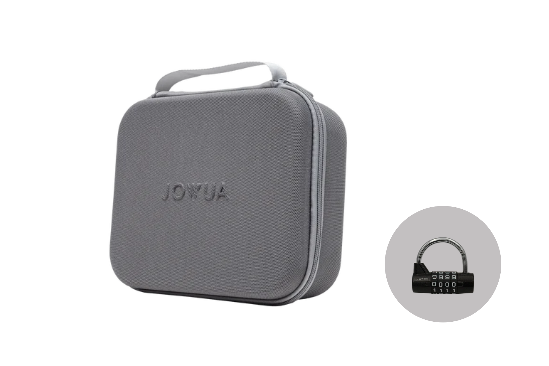JOWUA Taiwan 充電轉接頭收納包 - J1772/CCS1車主為灰色拉鍊式收納包，附有提手與浮雕品牌標誌，圖中為黑色小充電密碼鎖，可安全收納。.