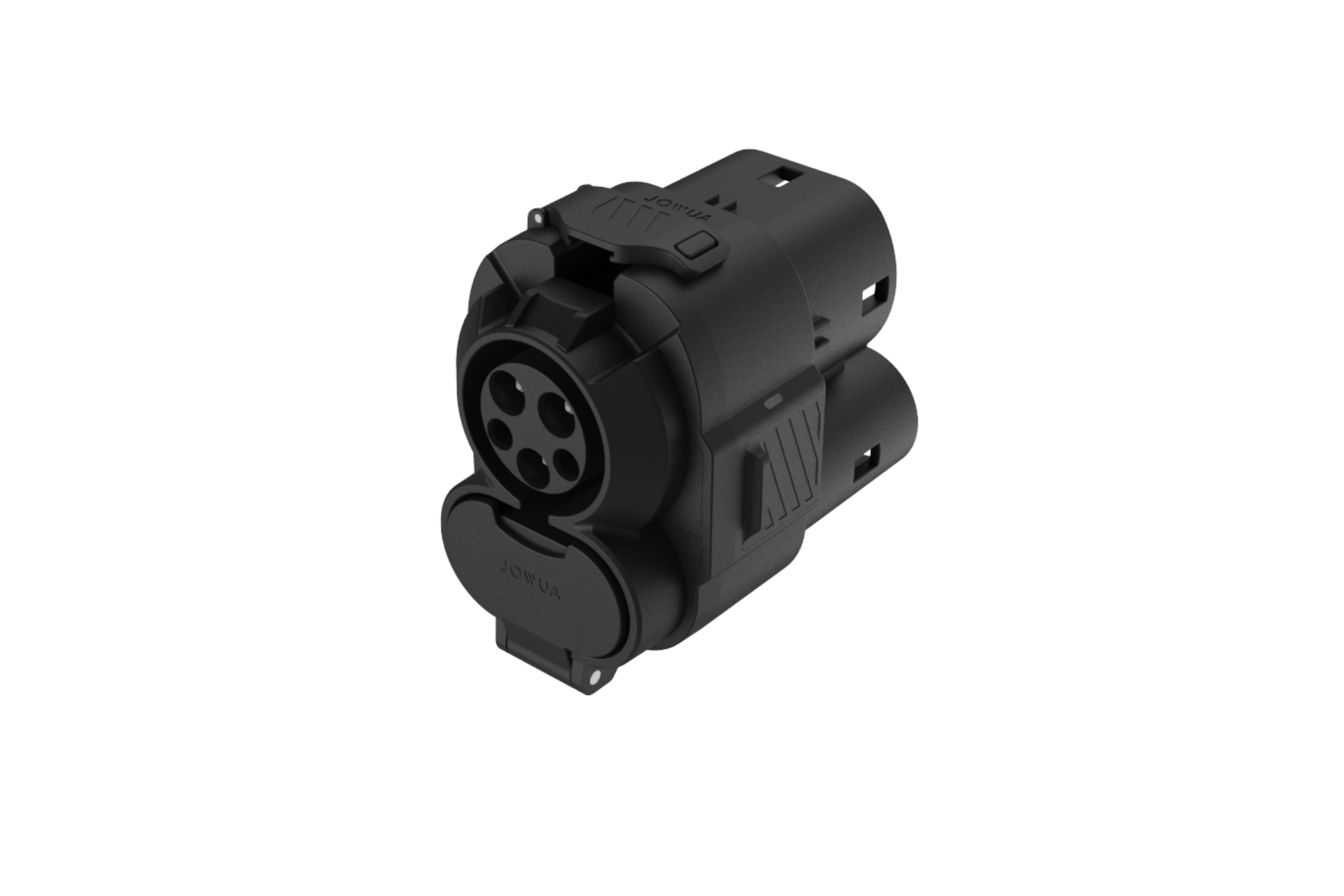 JOWUA Taiwan CCS1 to CCS2 DC & AC 快慢充轉接頭 (Foxtron Bria、Audi Q6 專用)：黑色電動車快充接頭，擁有多個圓形連接埠，設計精巧，並可翻蓋，是理想的電動車快充接器。以純白色背景顯示。.