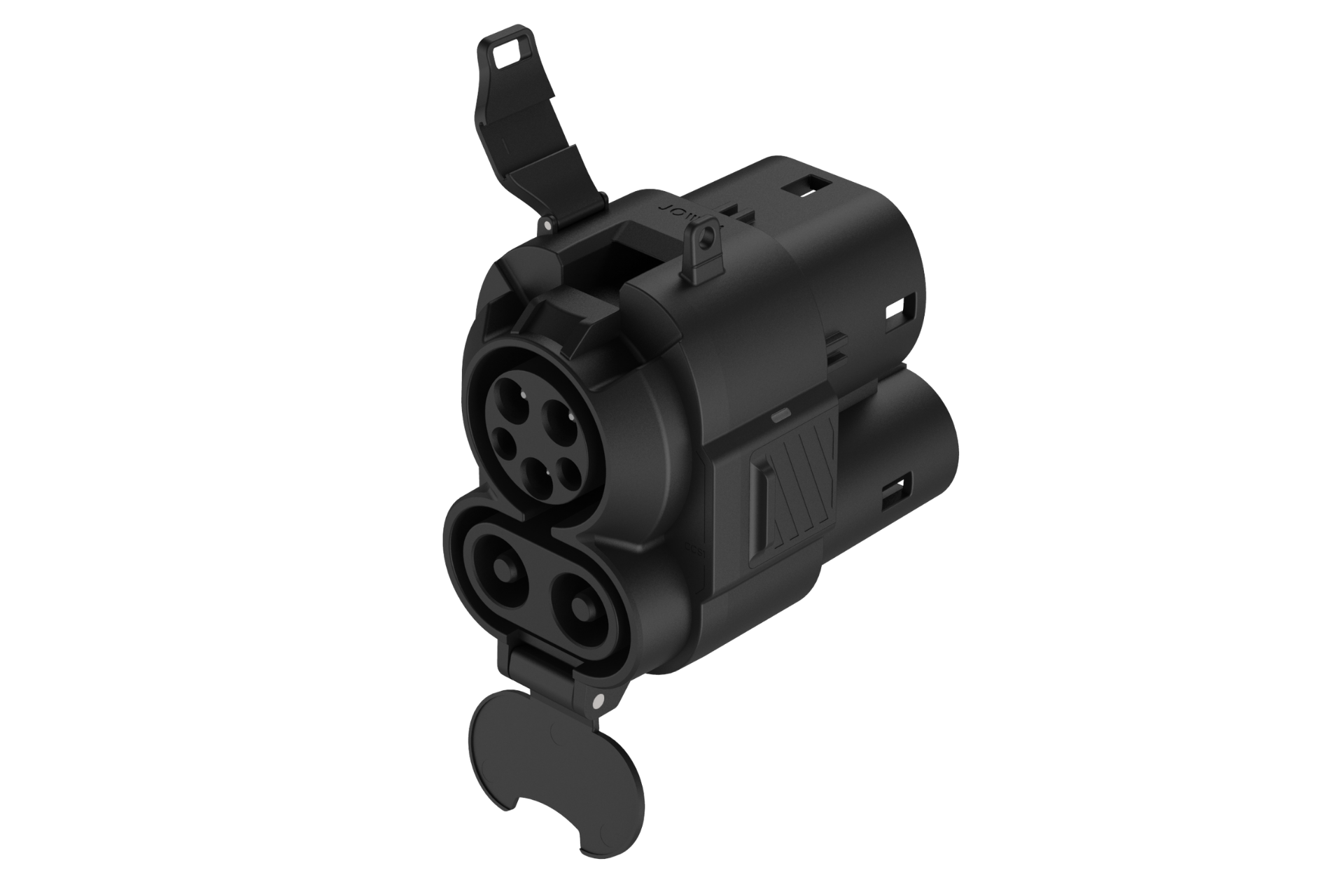 JOWUA Taiwan CCS2 DC & AC快慢充萬用組是一款黑色的電動車充電連接器，具有兩個插頭針腳部分，兩端具有翻蓋式保護蓋，非常適合電動車快充使用，圖示為純白色背景。.