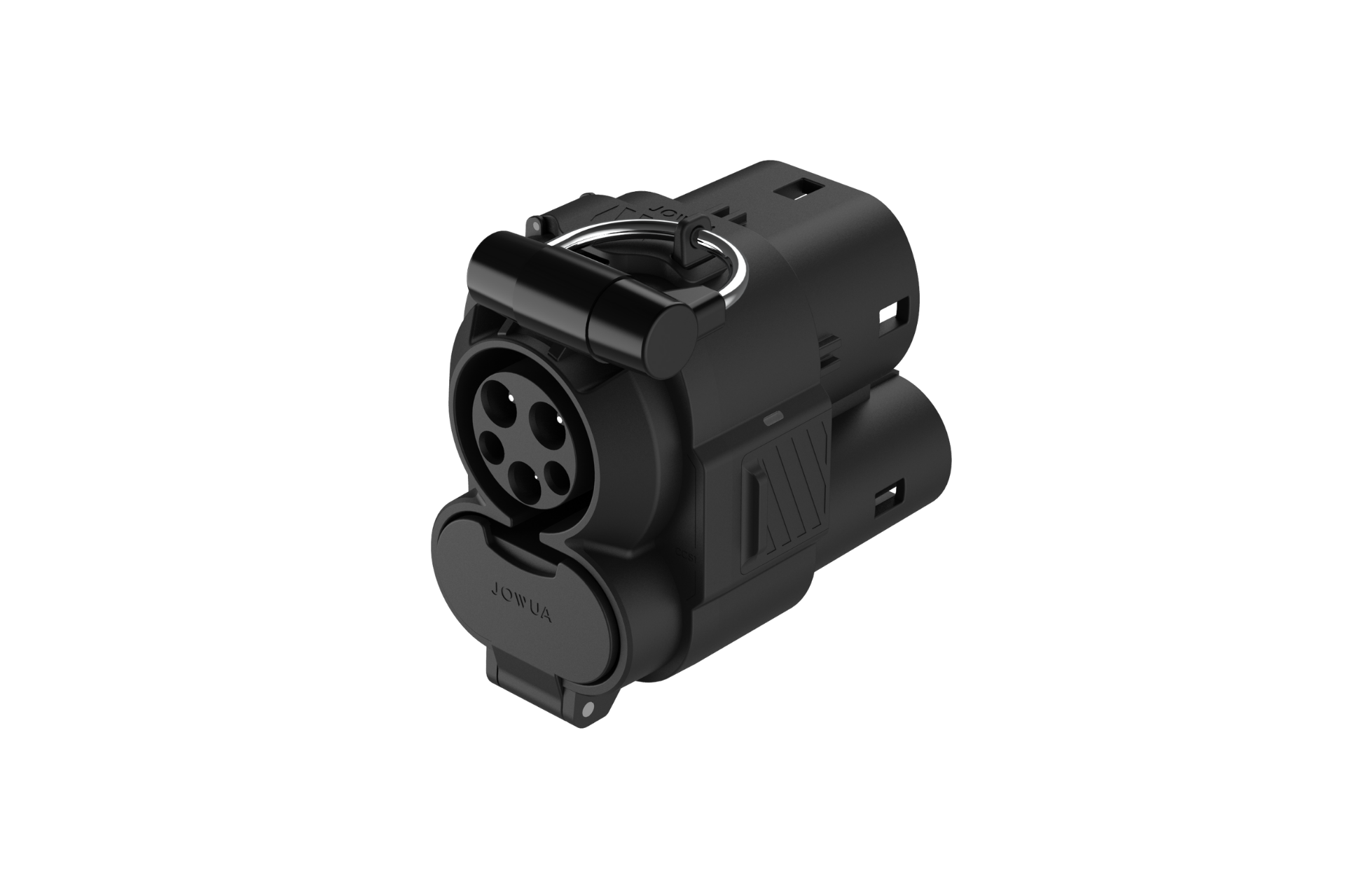 黑色 JOWUA Taiwan CCS2 DC & AC 快慢充萬用組轉接器，圓弧設計，圓形插孔，頂部有閂鎖，適用於電動車快充和快慢充電樁，孤立於白色背景上。.