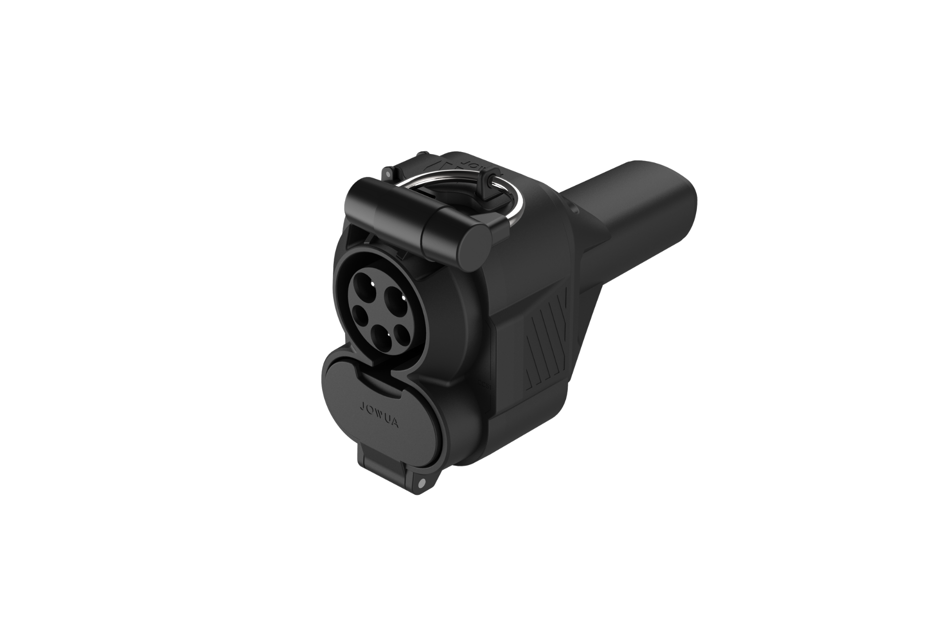 由 JOWUA Taiwan 製造的黑色 CCS1 to NACS (TPC) DC & AC 快慢充轉接頭，具有圓柱型插頭和頂部閂鎖，前蓋上印有「JOWUA」字樣，以純白色為背景。.