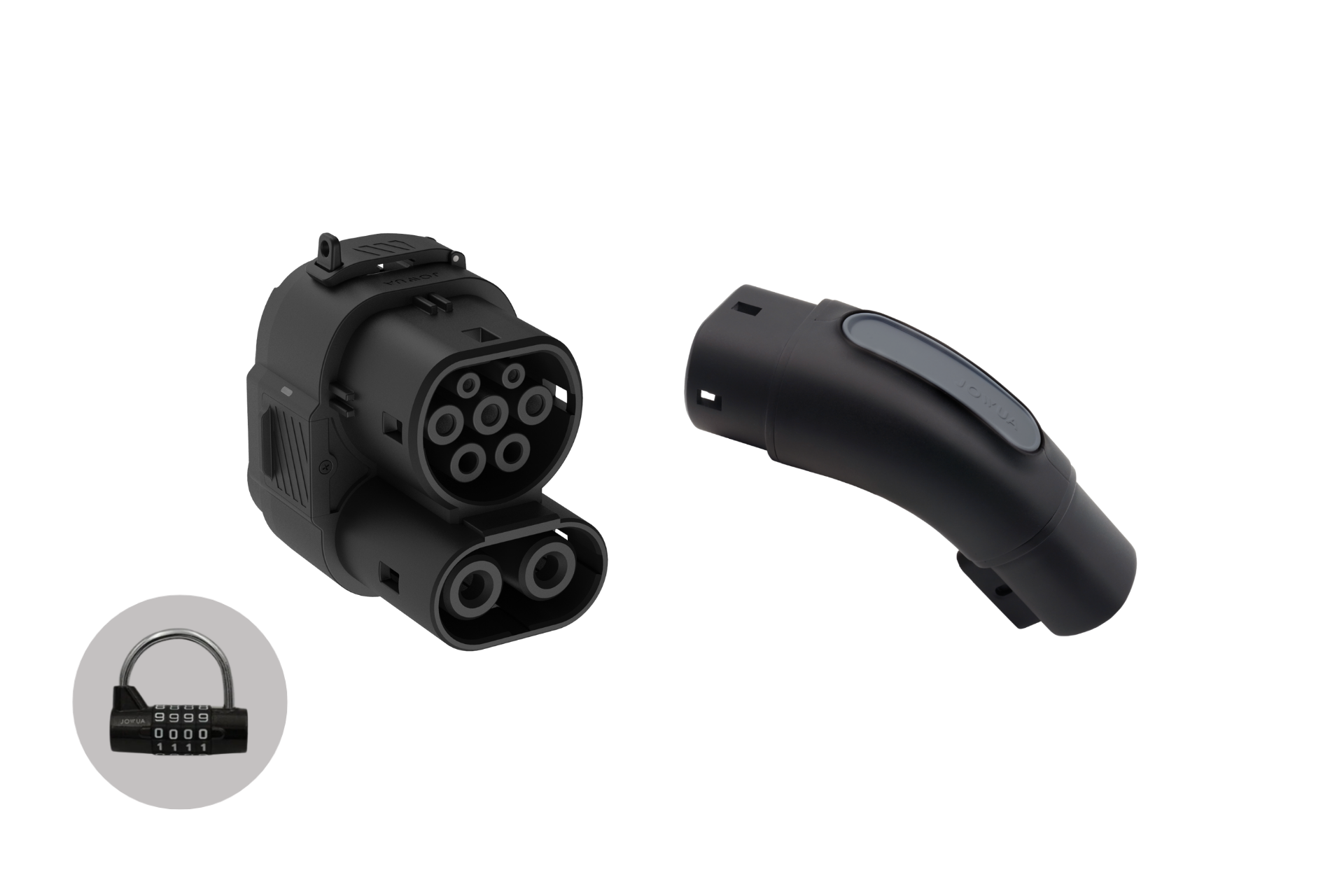 JOWUA 台灣 CCS2 DC & AC 快慢充萬用組以白色為底，黑色充電接頭與 CCS2 轉接頭轉換器並列，左下方鑲嵌黑色密碼掛鎖的圓形圖案。.