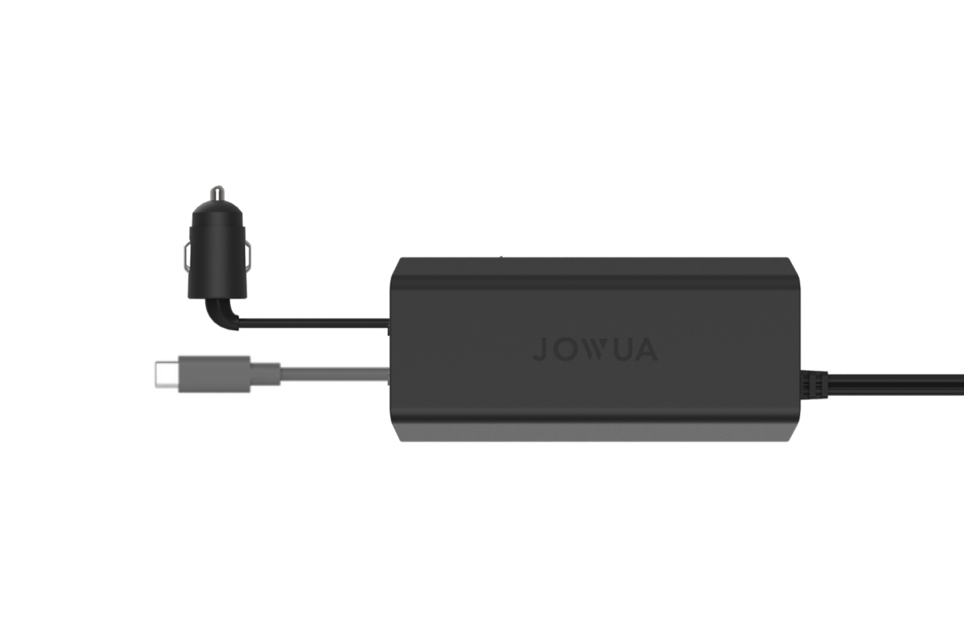 這款黑色 JOWUA Taiwan 雙軌滑板車充電器，配備 Starlink USB-C 轉 DC 充電線及點菸器轉接頭，展示於白色背景上，並支援 Type-C 供電，可滿足多樣化的充電需求。.