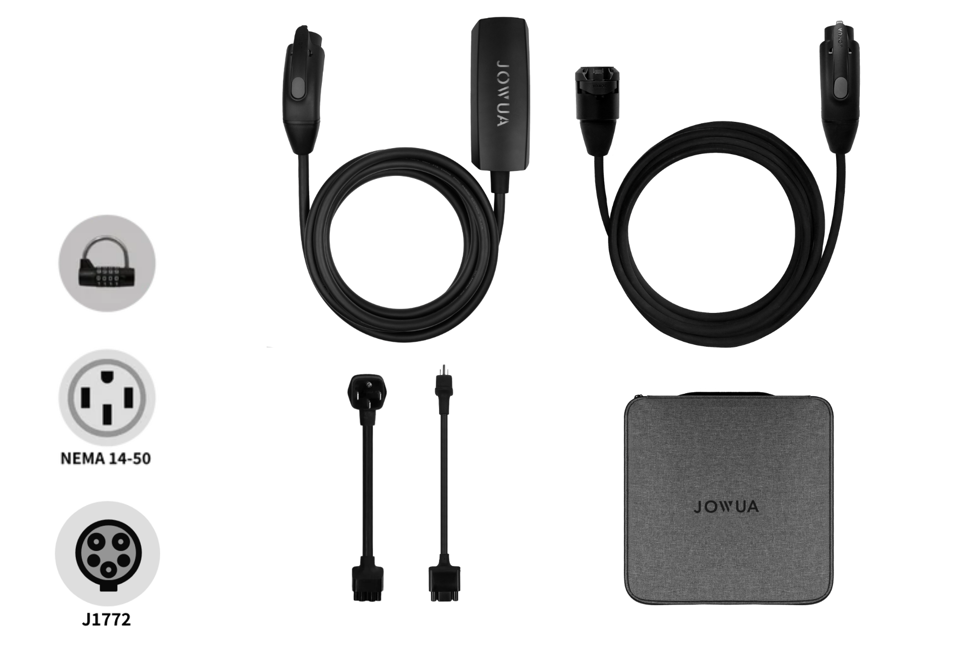 JOWUA 台灣 雙用行動充電器 9.6kW (J1772/PHEV) 10公尺組合包，內含兩條黑色電纜、NEMA 14-50/6-20轉接頭、延長線及灰色收納袋，左側標示有 NEMA 14-50 與 J1772 插頭圖示。.