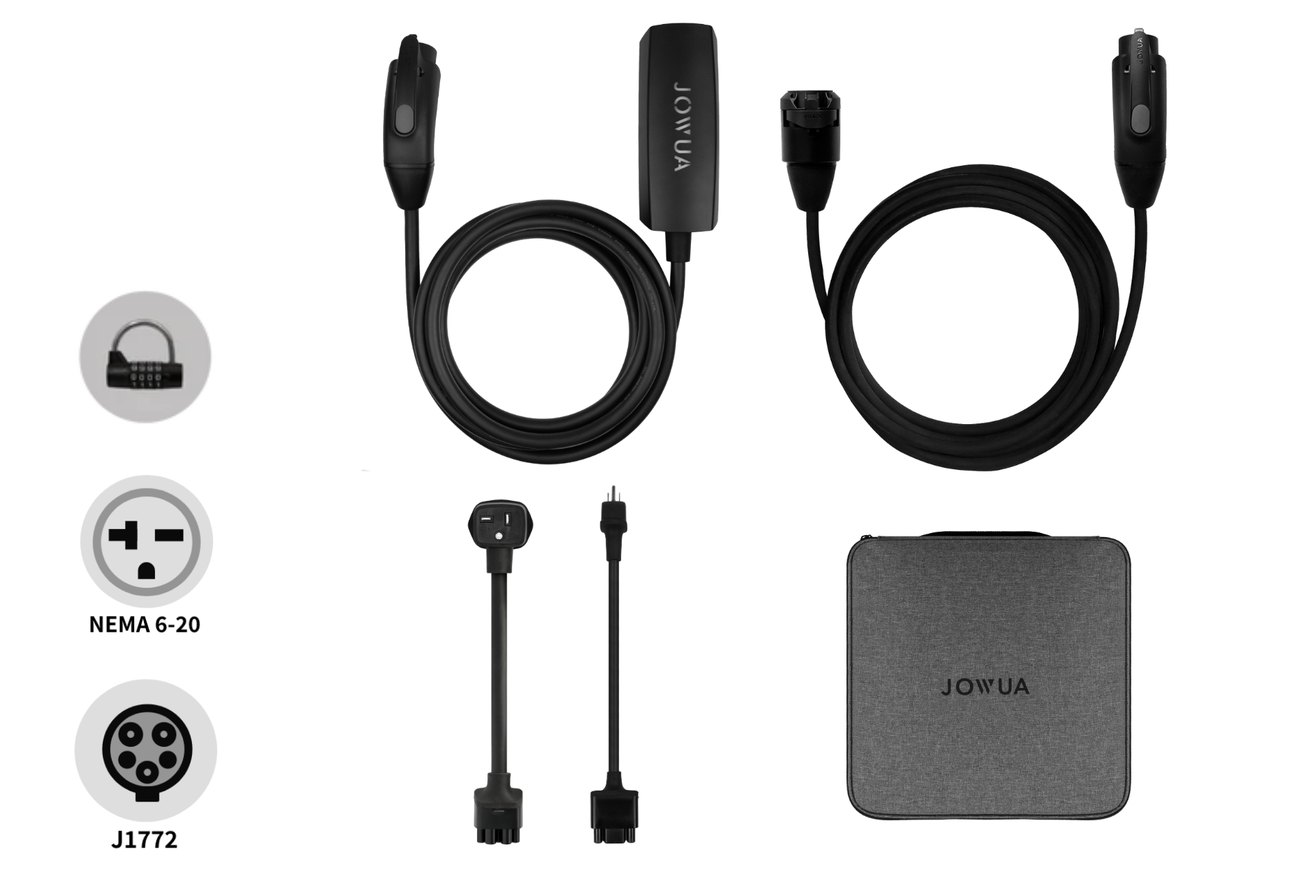 JOWUA 台灣 雙用行動充電器 9.6kW (J1772/PHEV) 10公尺組合包，內含兩條黑色延長線、J1772轉接頭、NEMA 14-50/6-20轉接器及灰色收納包。圖示標示插頭型號，滿足各式電動車充電需求。.