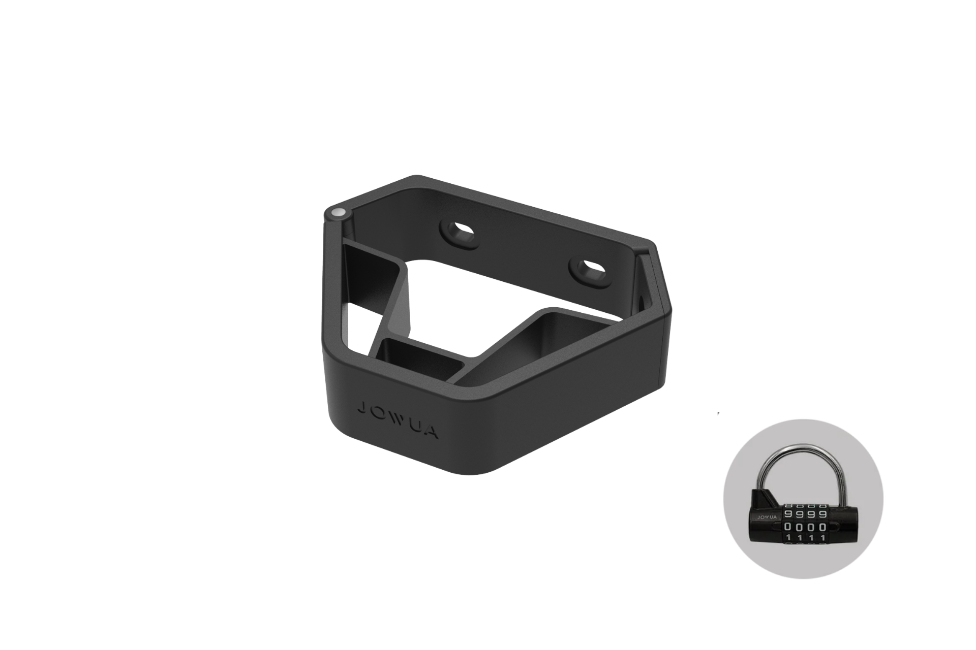 黑色的 JOWUA Taiwan 充電樁防盜鎖掛牆支架，由高強度鋼梁製成，有兩個螺絲孔，灰色圓圈中有一個掛鎖圖示，是充電樁防盜的理想選擇。.