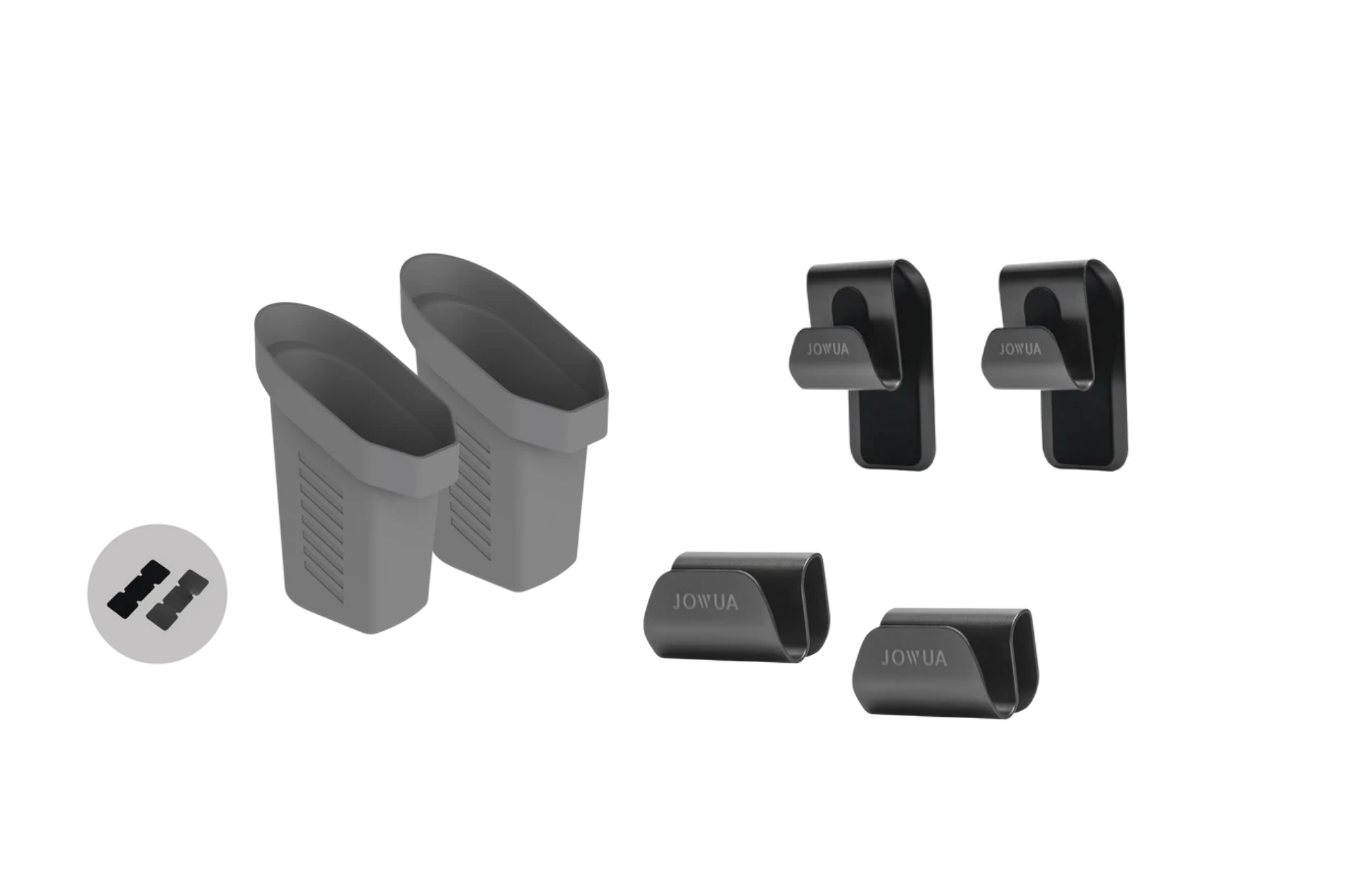 JOWUA Taiwan 掛鉤生態系 (Model S/X/3/Y煥新版)：內含兩個灰色塑膠收納袋、四個夾子及三條黑色黏貼帶，整齊擺放於白色背景上。.