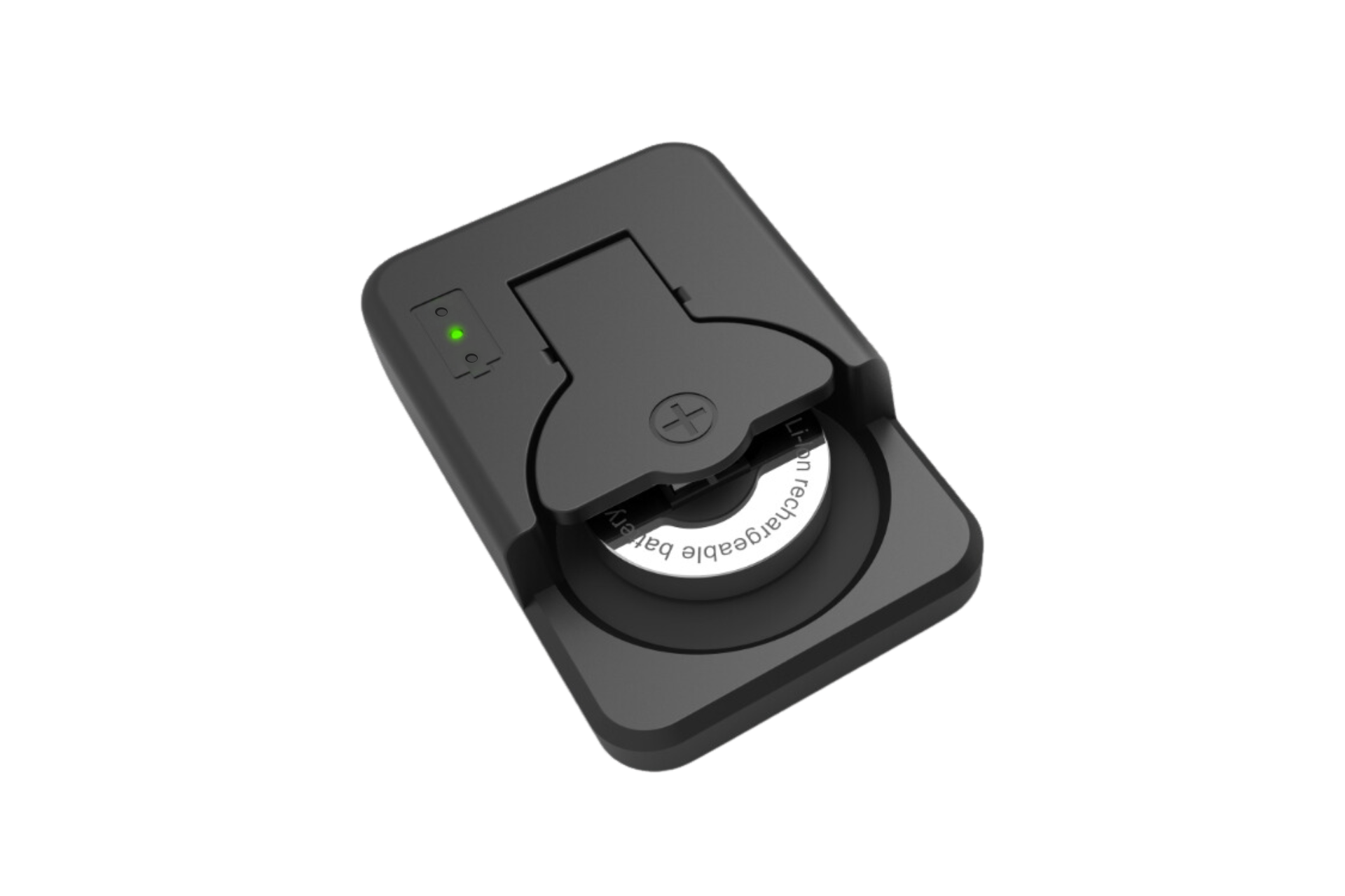 黑色緊湊型JOWUA台灣充電器可容納LIR2450H可充電紐帶電池組（兩入）電池，左上角有綠色LED，電池標籤文字清晰，設計現代。.