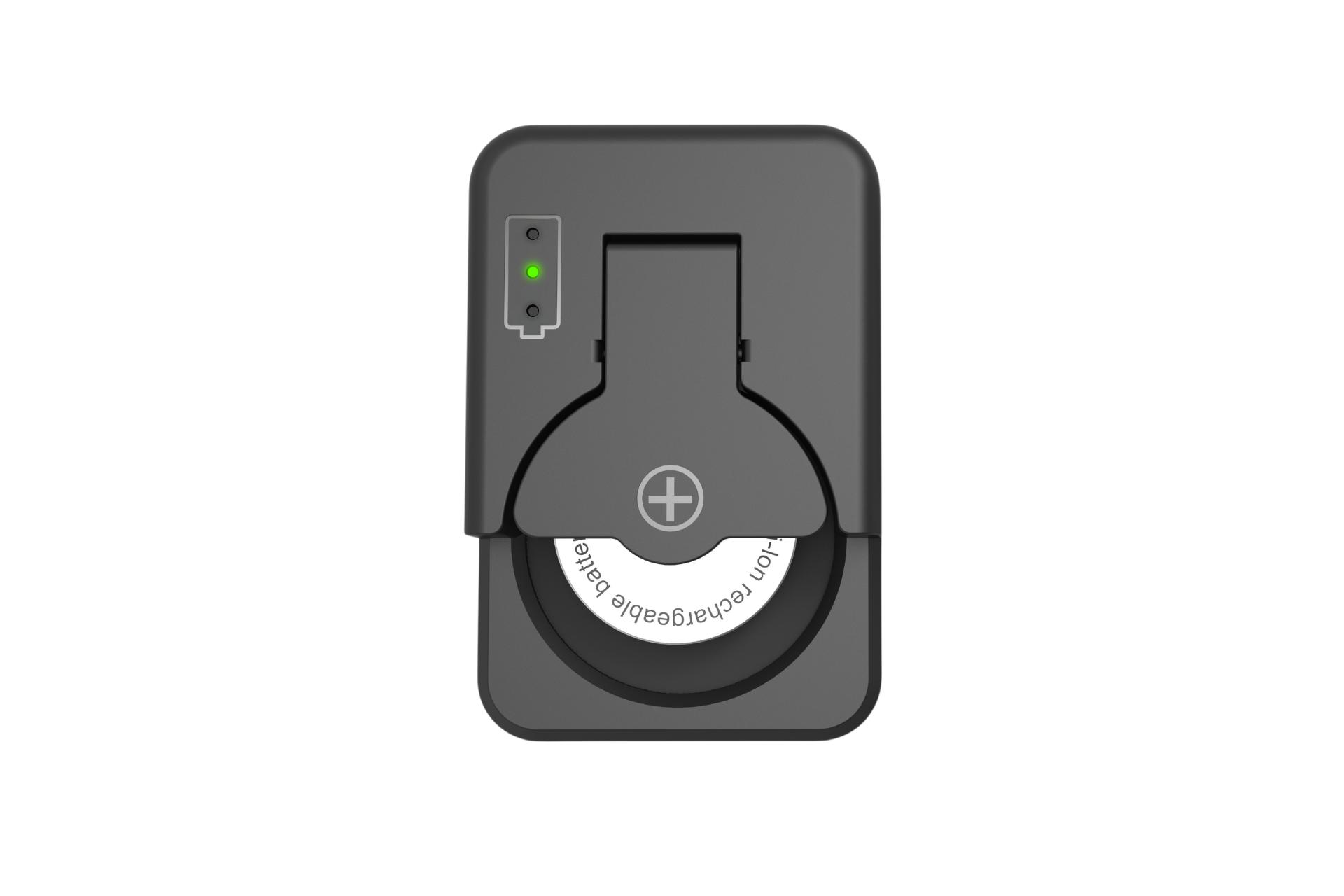 灰色電池充電器，插入JOWUA台灣LIR2450H可充電羈扣電池組（兩入）。左上角的綠色指示燈顯示智慧充電正在進行中，透過圓形開口可以部分看到電池的標籤。.