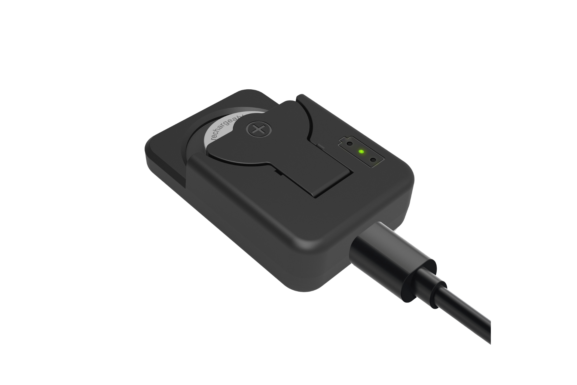 JOWUA台灣LIR2450H可充電紐扣電池組（兩入）包括一個帶有連接線的黑色充電底座、兩個指示燈和一個中央凹槽——非常適合為LIR2450電池充電。.