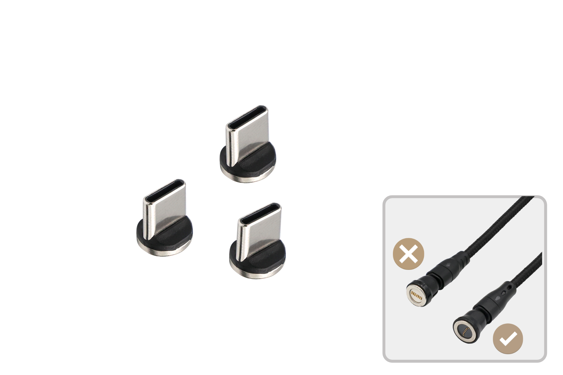 圖中展示了三種 USB-C 磁吸轉接頭。右下角的插圖顯示了兩條線材——一條標有「X」，另一條則標有勾號——用以說明 JOWUA 台灣 USB-C 車用磁吸線（0.4M/1M/1.8M）與特定磁吸連接器的相容性。.