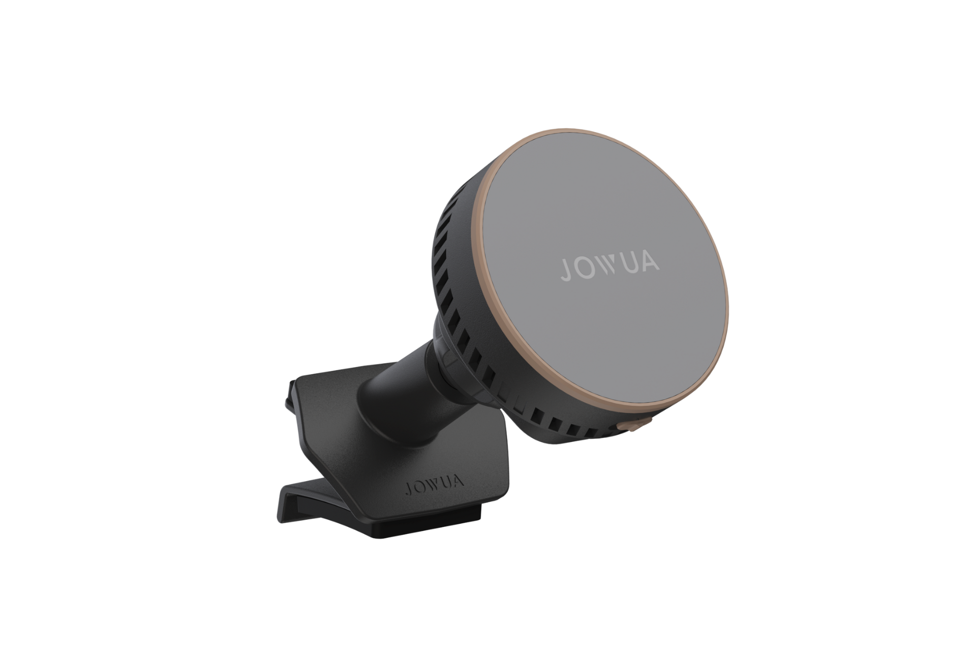 JOWUA Taiwan Qi2 製冷出風口MagSafe車架採用灰色圓形正面，搭配品牌標誌及黑色出風口夾子。相容於Model 3/Y 煥新版，支援MagSafe磁吸，可安全地固定在車上。.