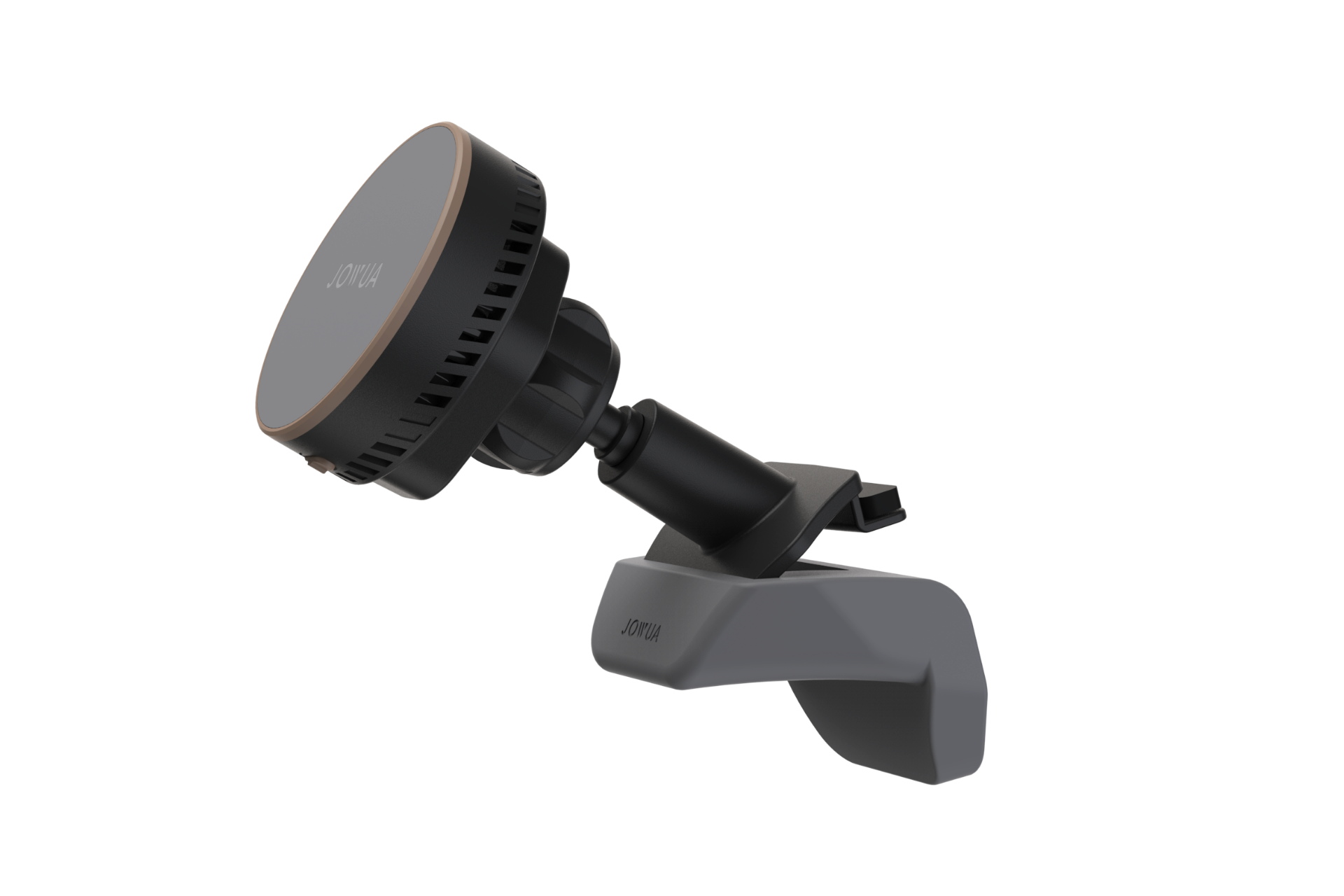 JOWUA Taiwan Qi2 製冷出風口 MagSafe 車架 (Model 3/Y 煥然一新版) 是一款黑色圓形車架，搭配棕色飾邊和可調式出風口夾子，提供 MagSafe 磁吸相容性，可安全無線充電於汽車出風口。.