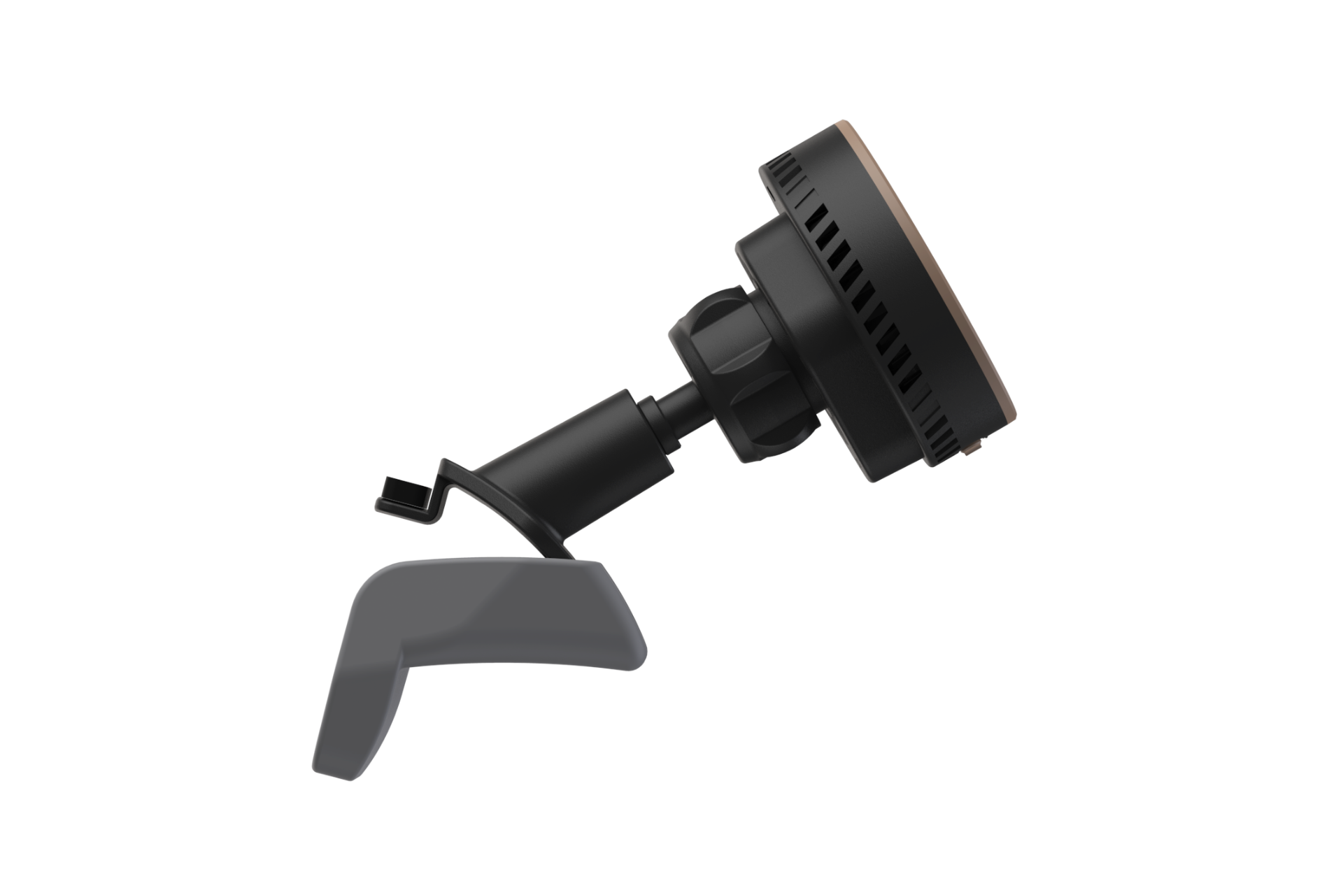 台灣 JOWUA 出品的黑灰色 Qi2 製冷出風口 MagSafe 車架 (Model 3/Y 煥然一新版) 外形圖，採用圓形磁頭、可調節接頭和通風夾，非常適合 Model 3/Y 無線充電使用。.