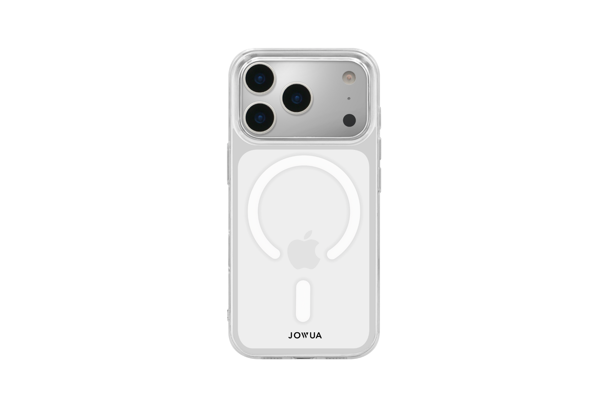 JOWUA Taiwan MagSafe 保護殼內的白色 iPhone 17，背面有明顯的 MagSafe 充電標誌和 Apple 標誌。底部的台灣 JOWUA 品牌名稱，同時突顯了時尚與保護的特色。.